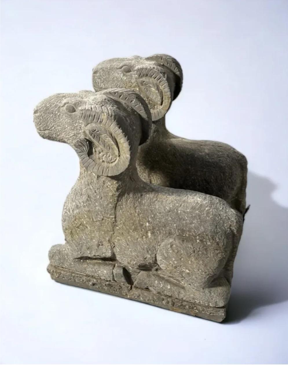 Pair of Hand Finished Carved Stone Ram Garden Figures, 20th Century  In Good Condition For Sale In Chicago, IL