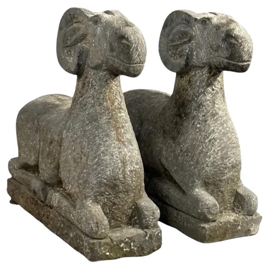 Pair of Hand Finished Carved Stone Ram Garden Figures, 20th Century 
