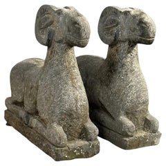 Vintage Pair of Hand Finished Carved Stone Ram Garden Figures, 20th Century 