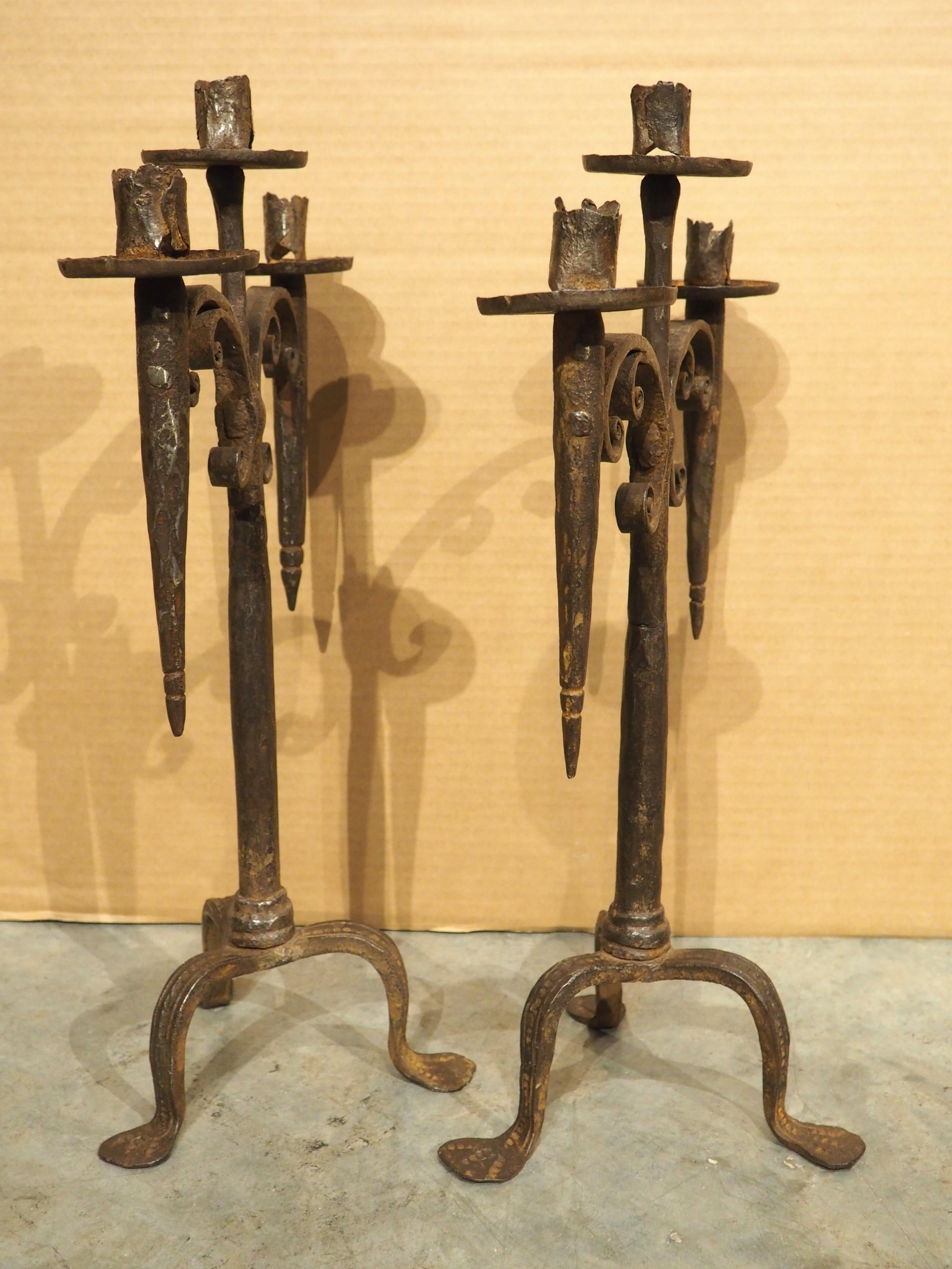 Pair of Hand Forged 18th Century Spanish Iron Torchere Candle Holders For Sale 5