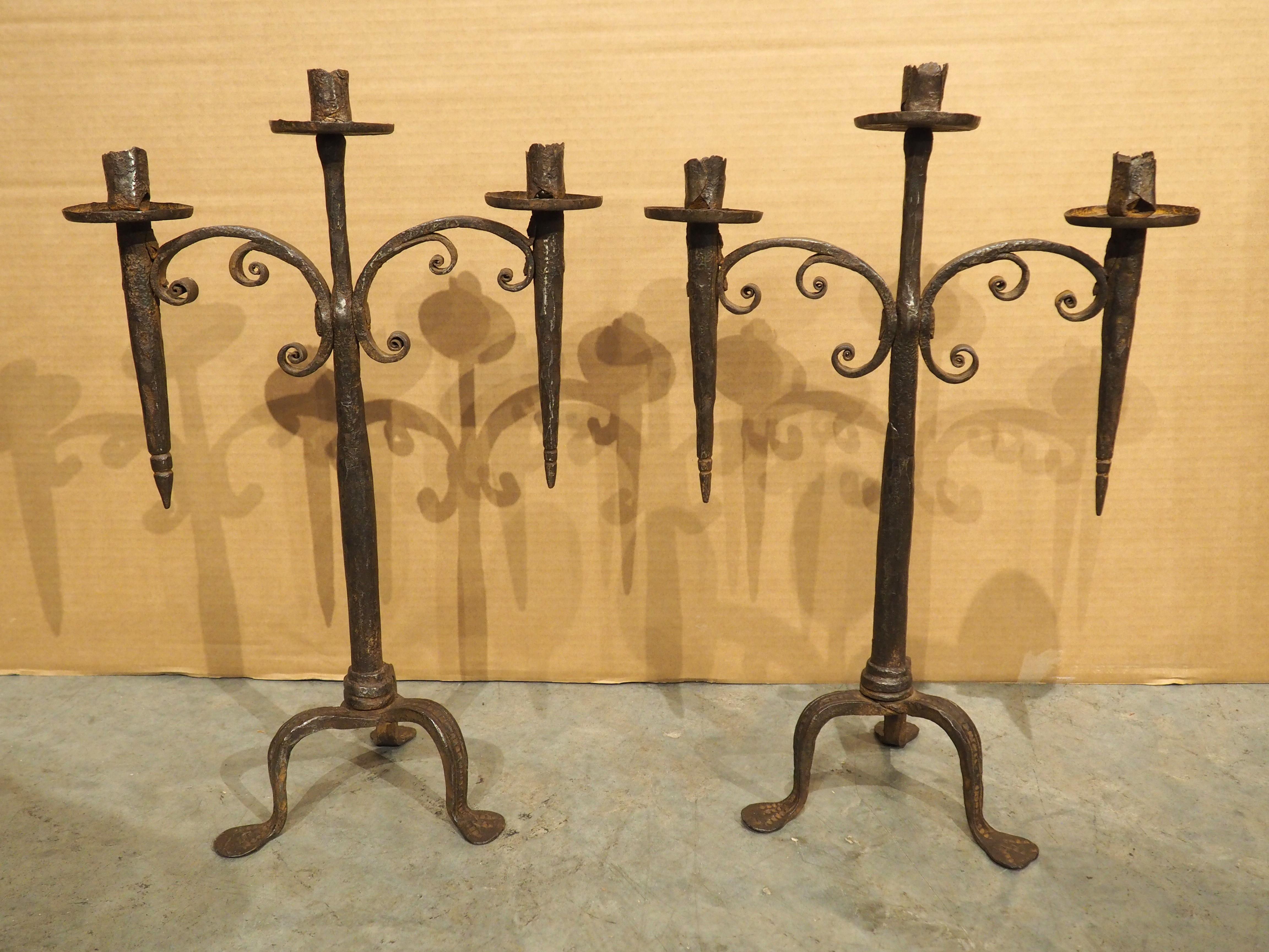 Pair of Hand Forged 18th Century Spanish Iron Torchere Candle Holders For Sale 6