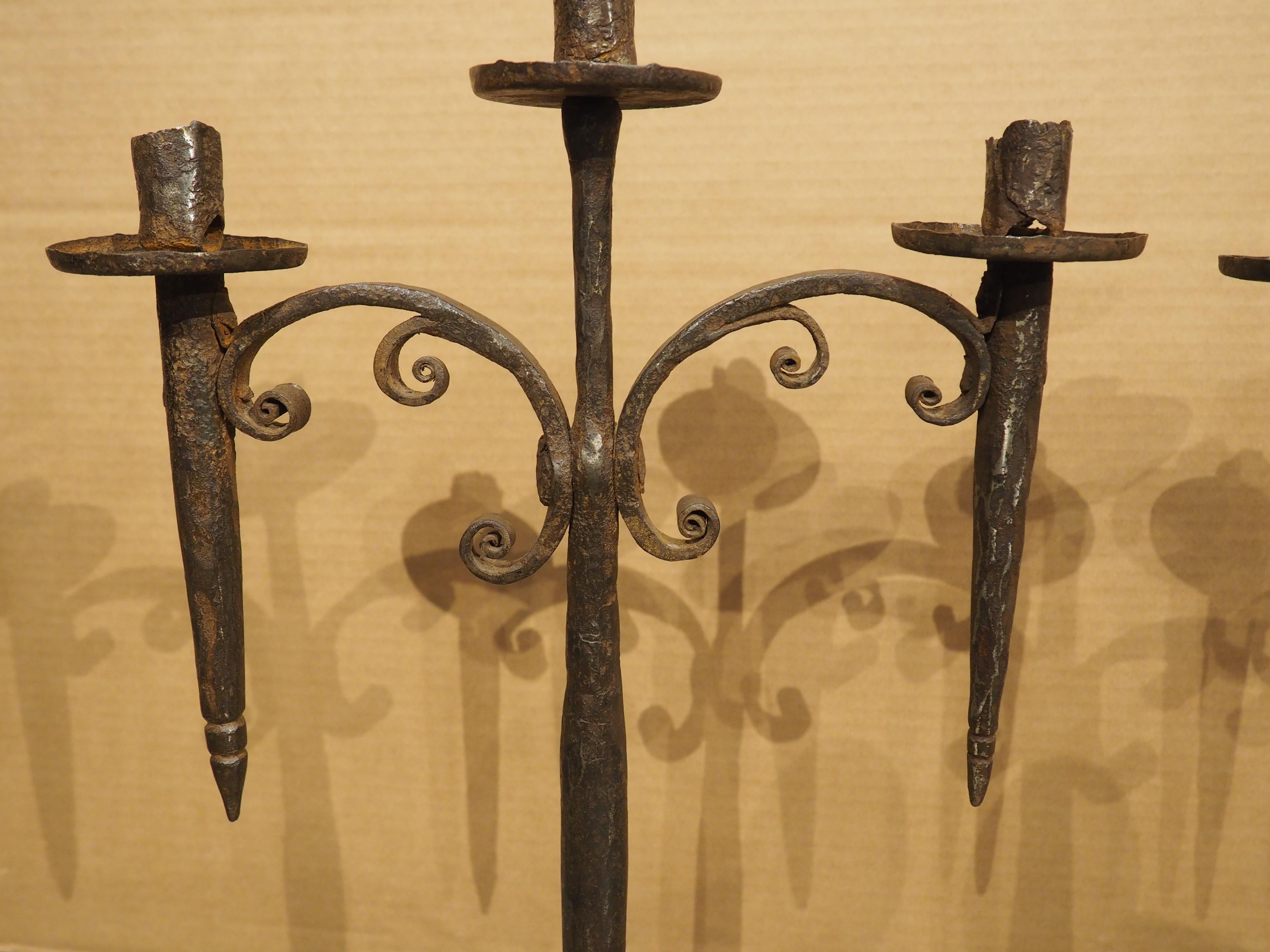 Pair of Hand Forged 18th Century Spanish Iron Torchere Candle Holders For Sale 7