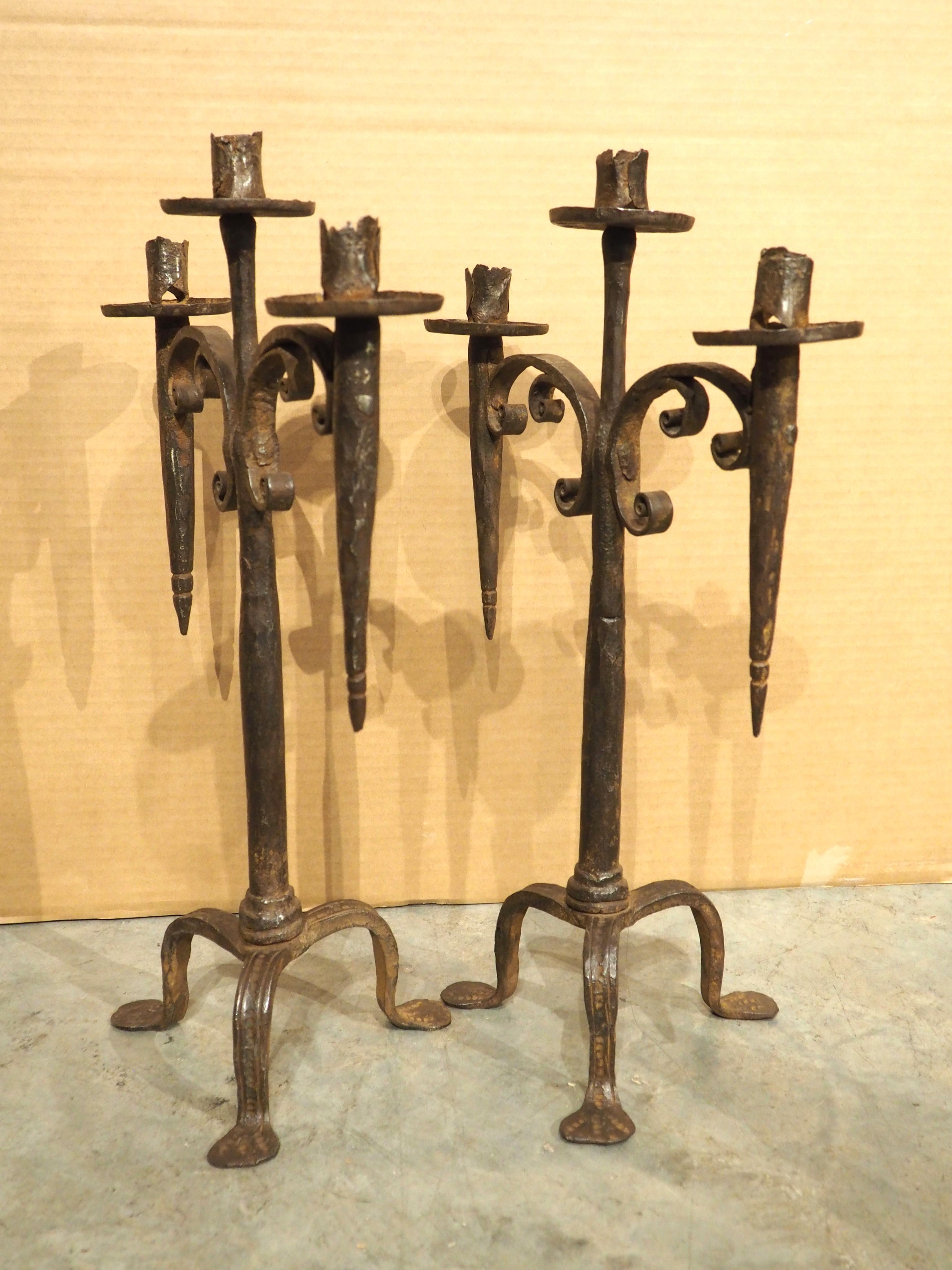 Pair of Hand Forged 18th Century Spanish Iron Torchere Candle Holders For Sale 11