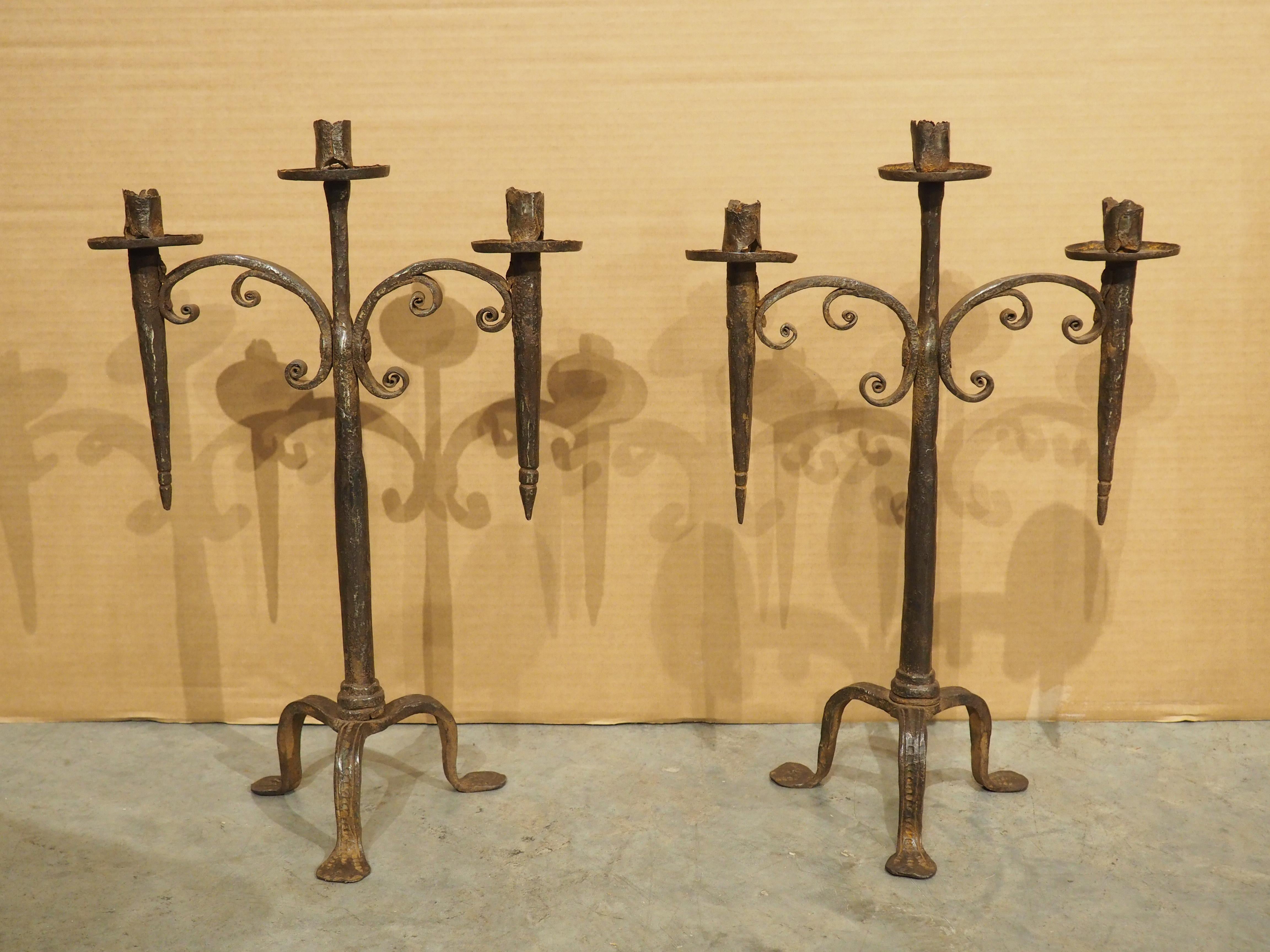 Pair of Hand Forged 18th Century Spanish Iron Torchere Candle Holders For Sale 12