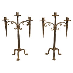 Pair of Hand Forged 18th Century Spanish Iron Torchere Candle Holders
