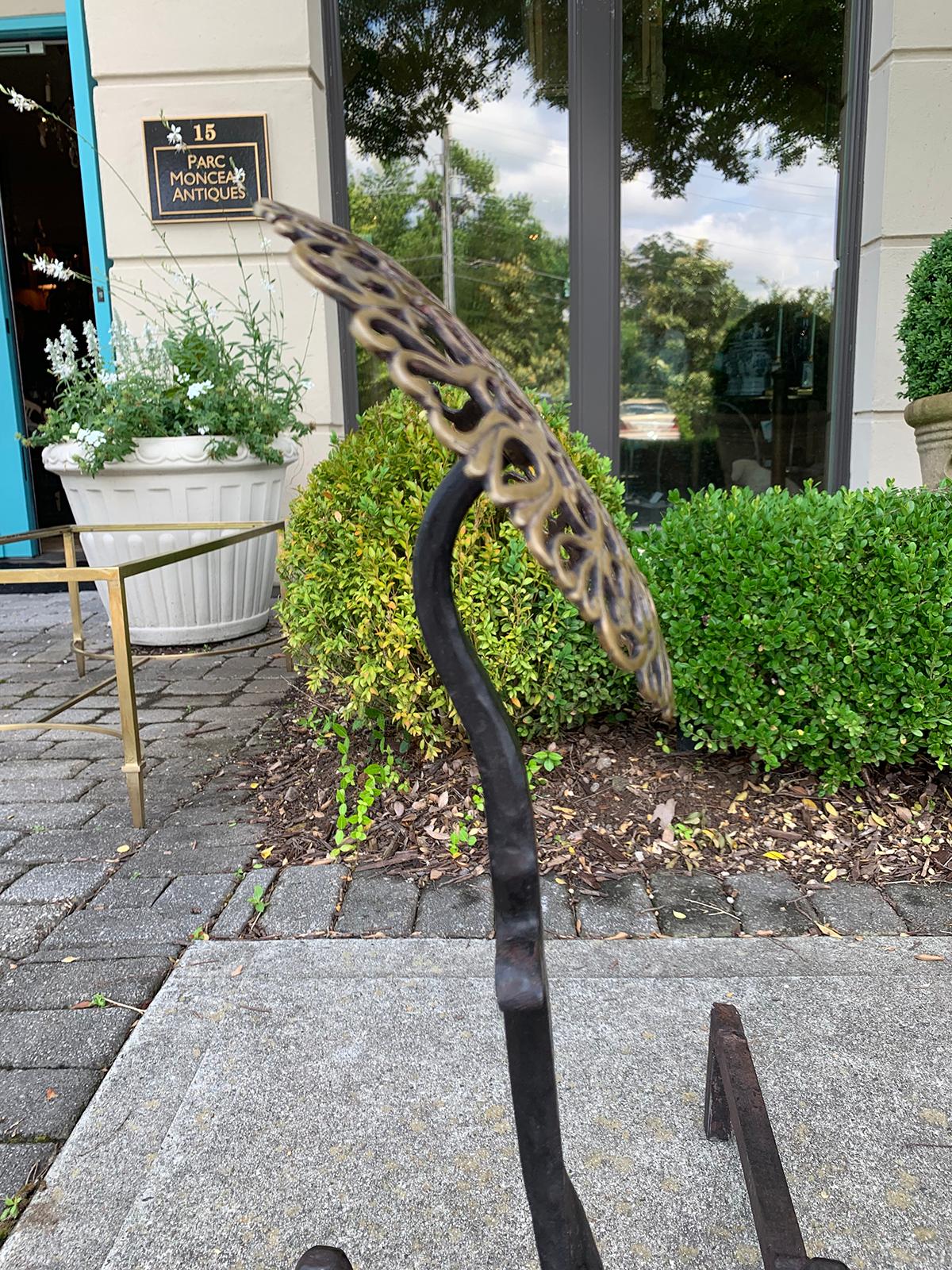 Pair of Hand Forged Brass and Iron Medallion Andirons, circa 1900 7