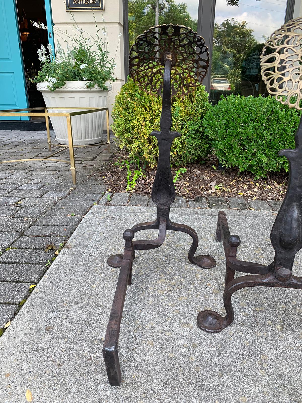 Pair of Hand Forged Brass and Iron Medallion Andirons, circa 1900 8