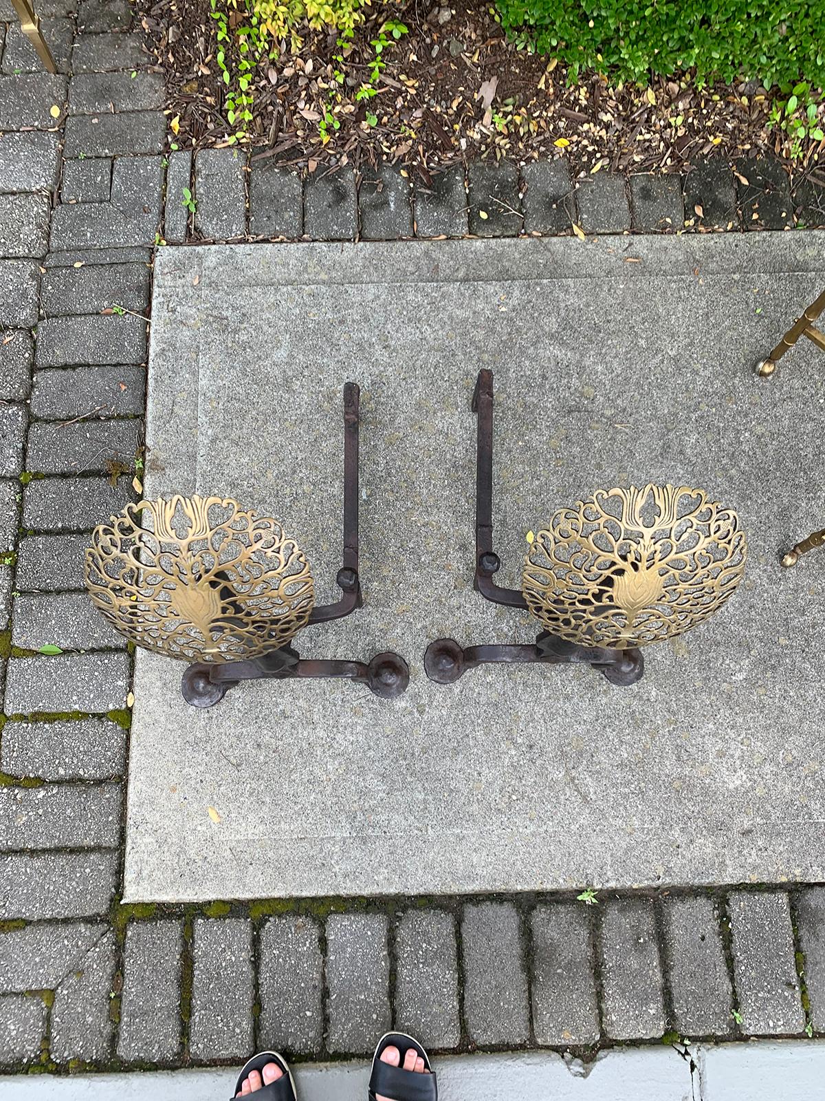Pair of Hand Forged Brass and Iron Medallion Andirons, circa 1900 9