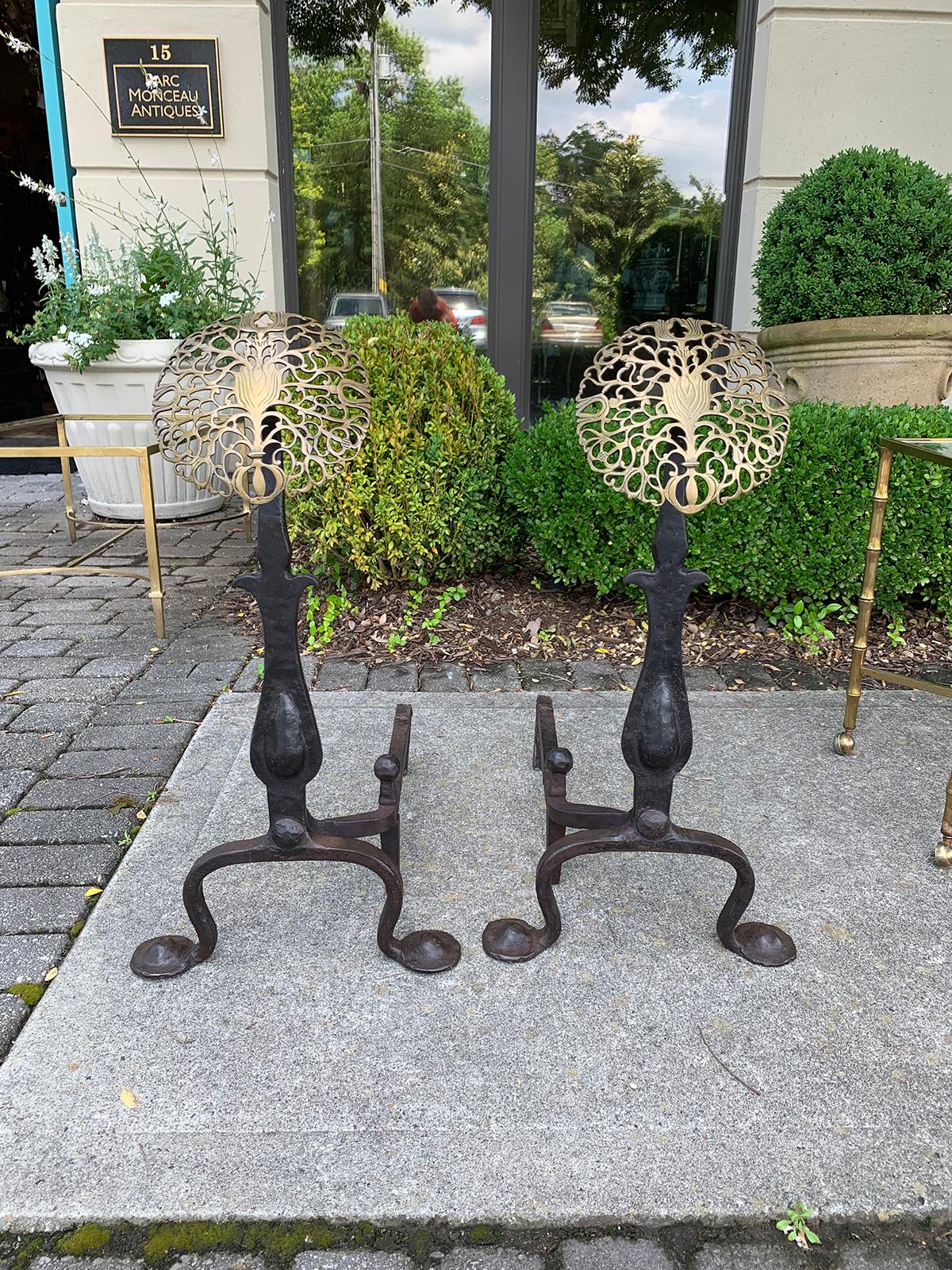 Pair of hand forged brass & iron Medallion Andirons, circa 1900 
with great castings.