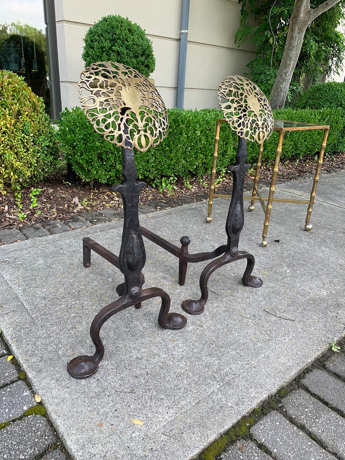 Pair of Hand Forged Brass and Iron Medallion Andirons, circa 1900 In Good Condition In Atlanta, GA
