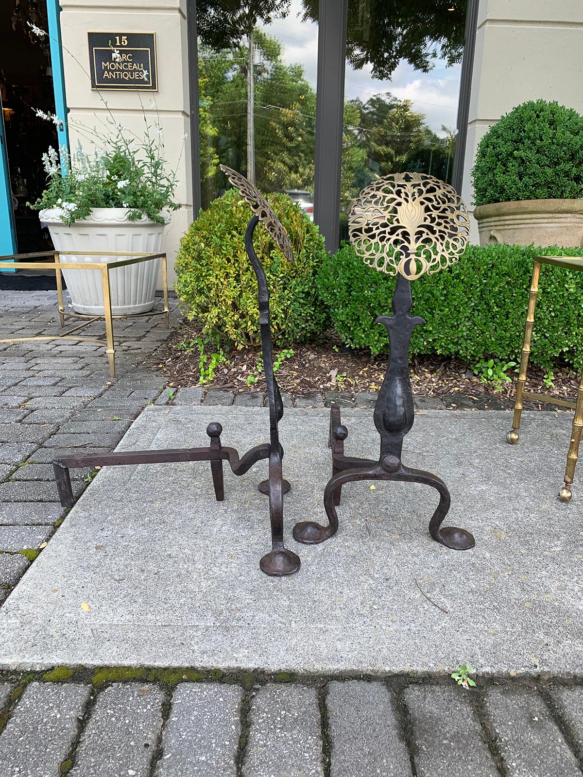 Early 20th Century Pair of Hand Forged Brass and Iron Medallion Andirons, circa 1900