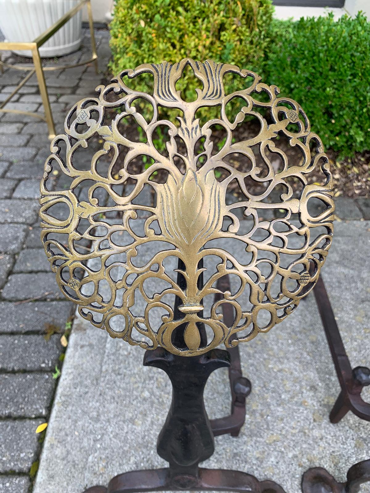 Pair of Hand Forged Brass and Iron Medallion Andirons, circa 1900 1