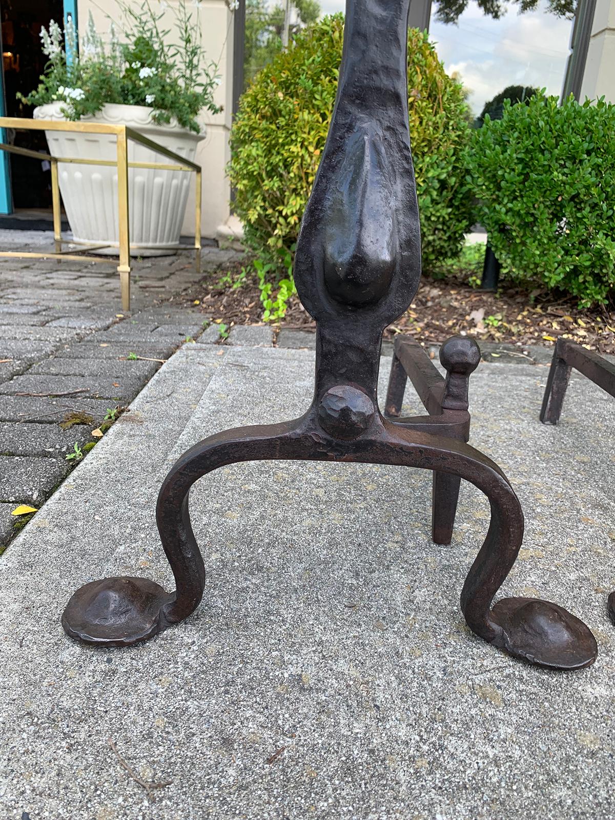 Pair of Hand Forged Brass and Iron Medallion Andirons, circa 1900 2