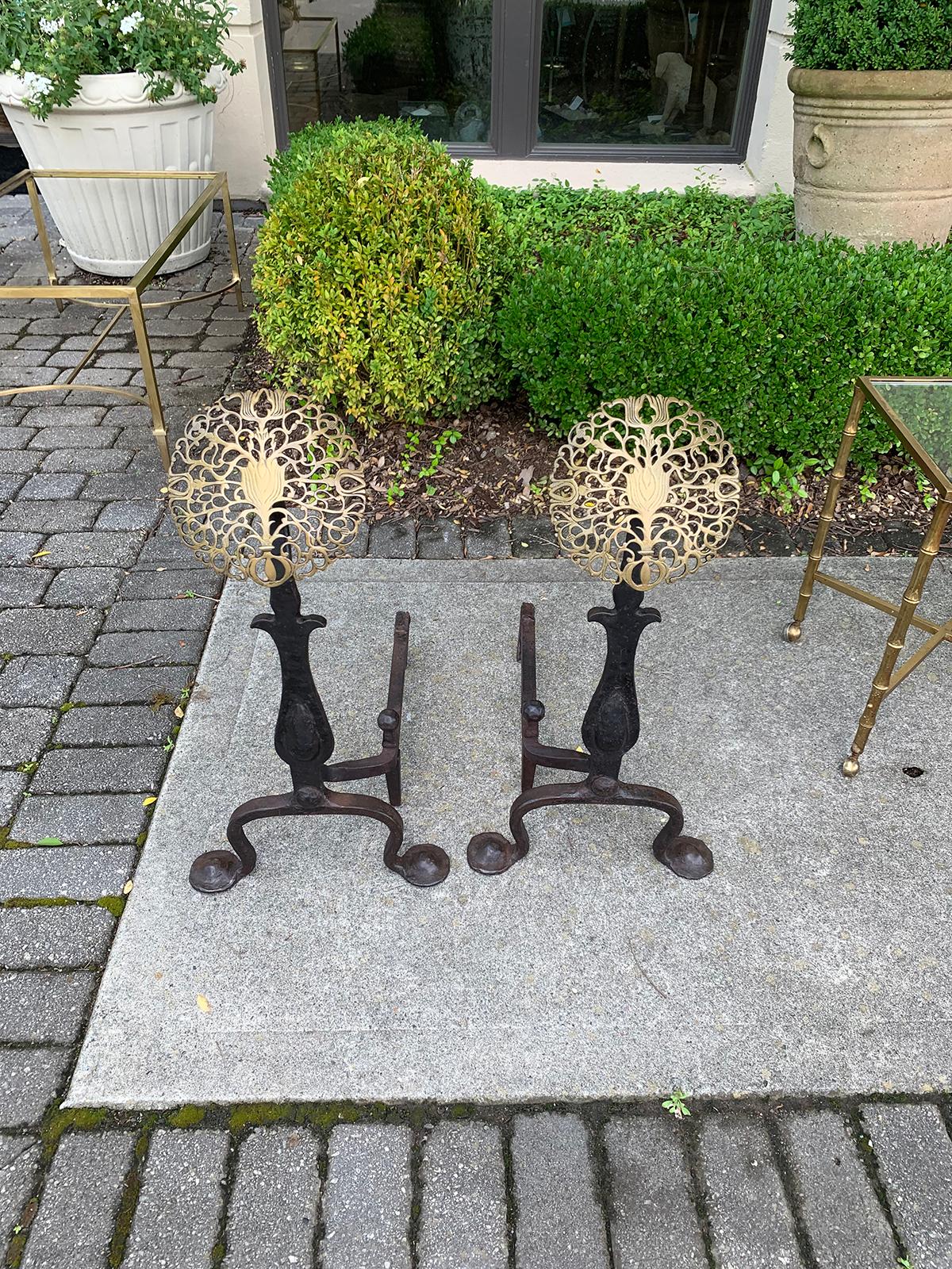 Pair of Hand Forged Brass and Iron Medallion Andirons, circa 1900 3