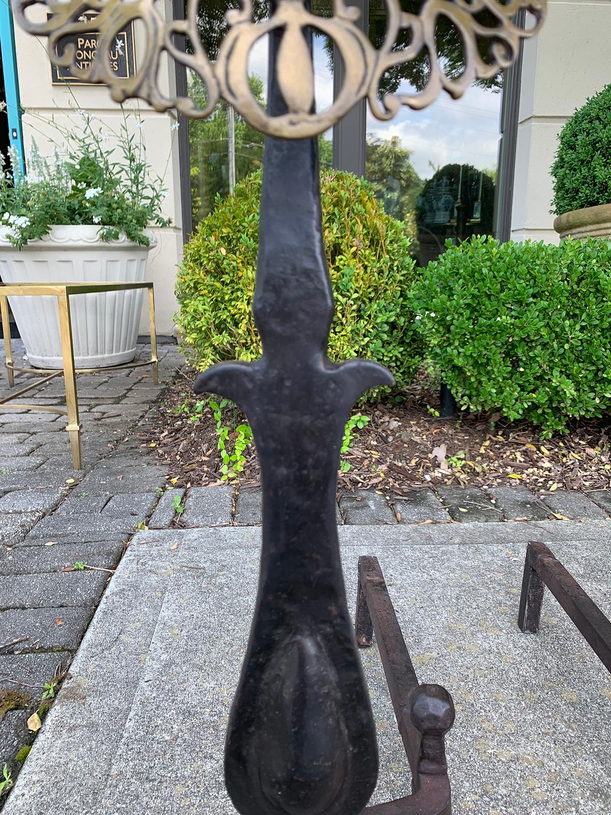 Pair of Hand Forged Brass and Iron Medallion Andirons, circa 1900 4