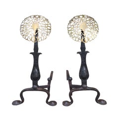 Pair of Hand Forged Brass and Iron Medallion Andirons, circa 1900