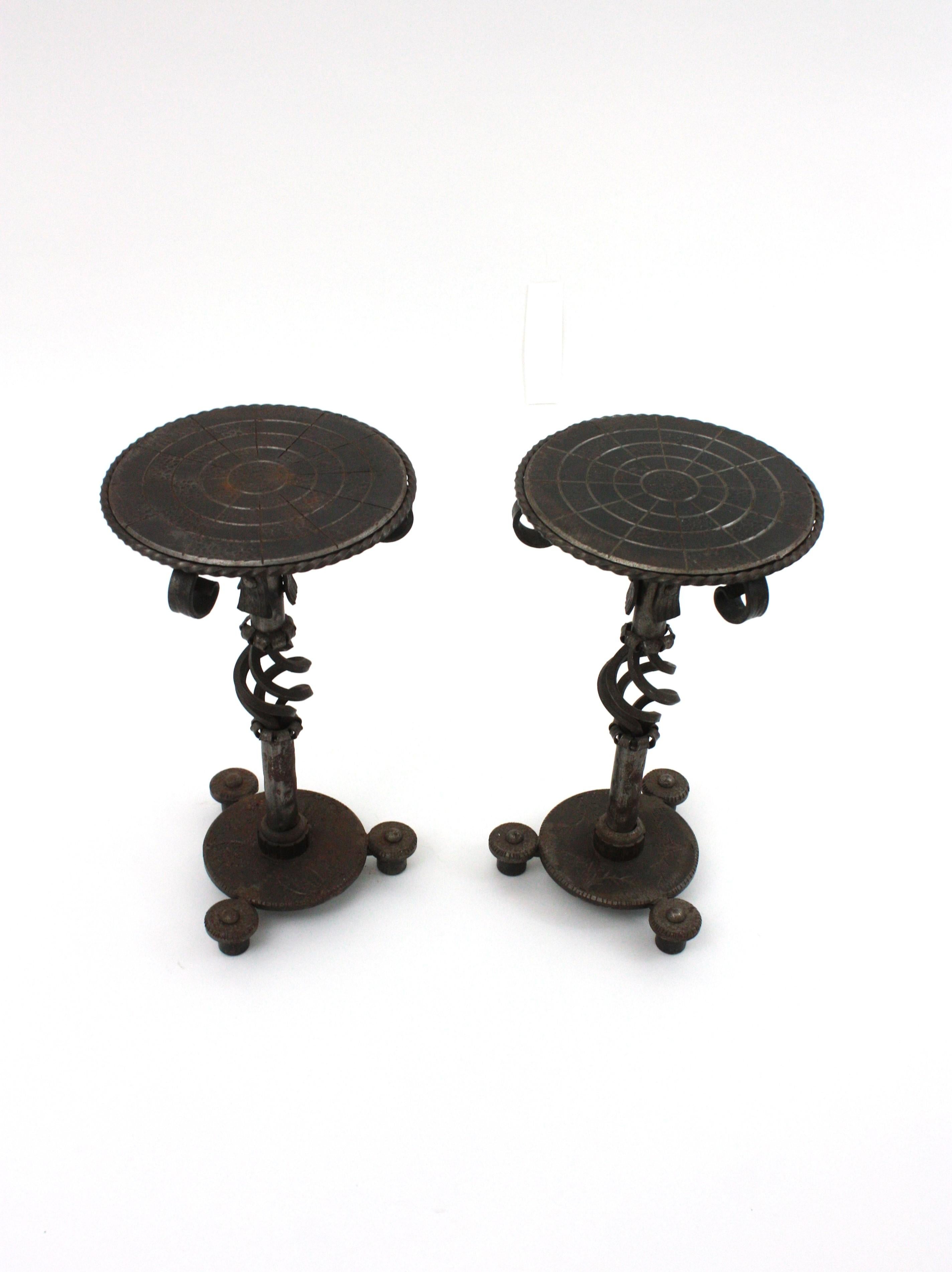 Spanish Pair of Hand Forged Brutalist Side or Drink Tables For Sale
