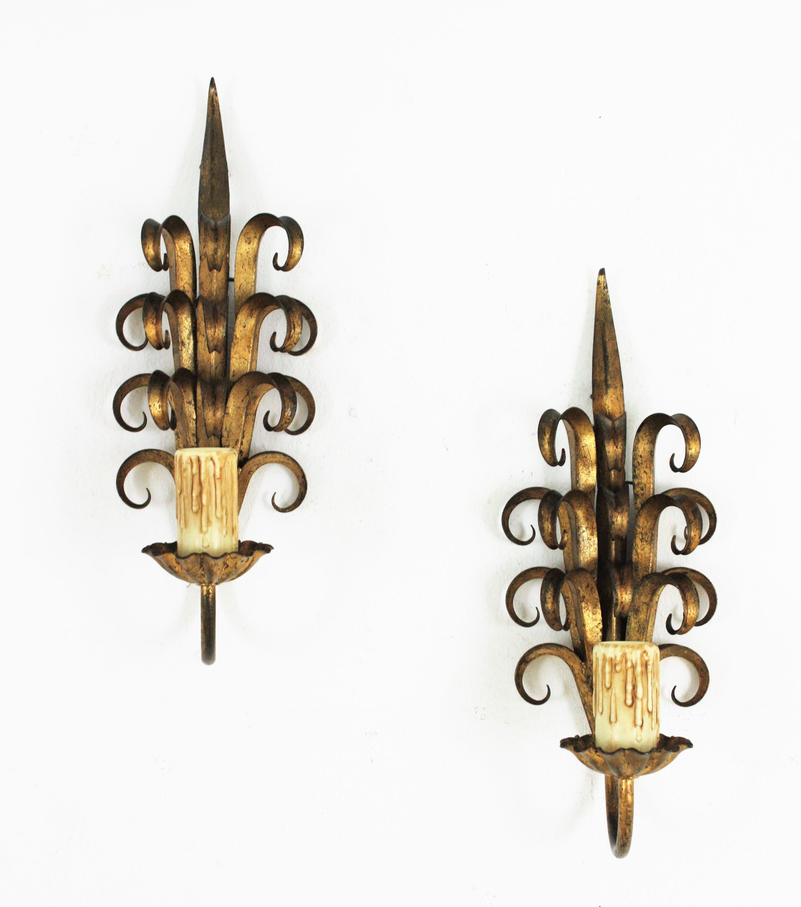 Pair of Hand Forged Gilt Iron Wall Sconces in Eyelash Scroll Design For Sale 3
