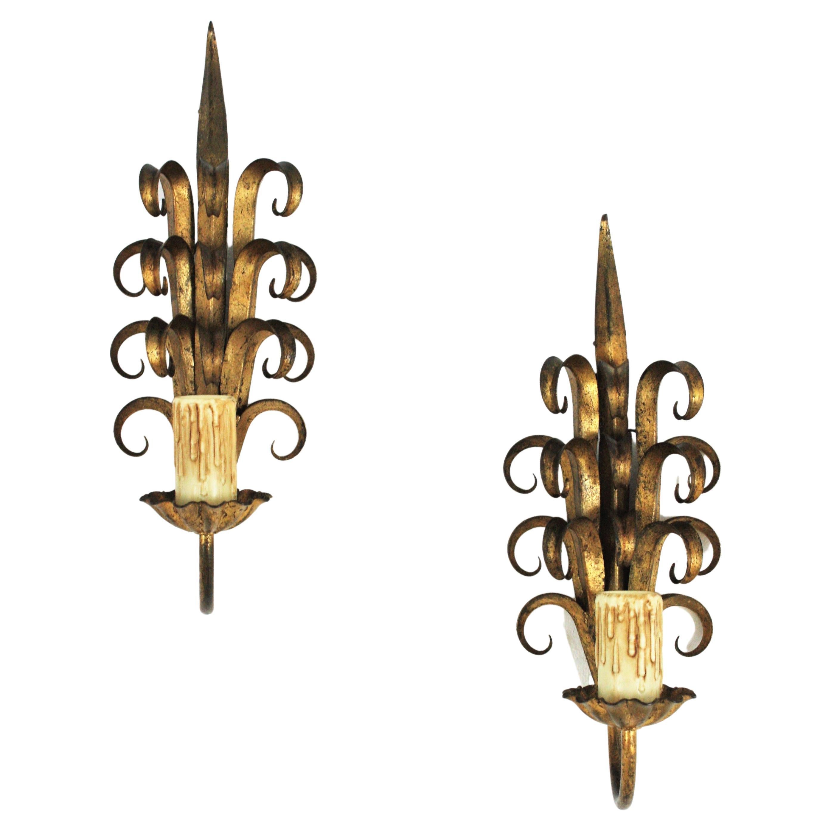Pair of wall sconces in gilt iron, eyelash design. Spain, 1940s.
Hand-forged iron wall lights with five layers of iron pieces with scroll endings in eyelash shape. Gold leaf finish.
Candelabra bulb holders with candle covers.
Terrific aged patina