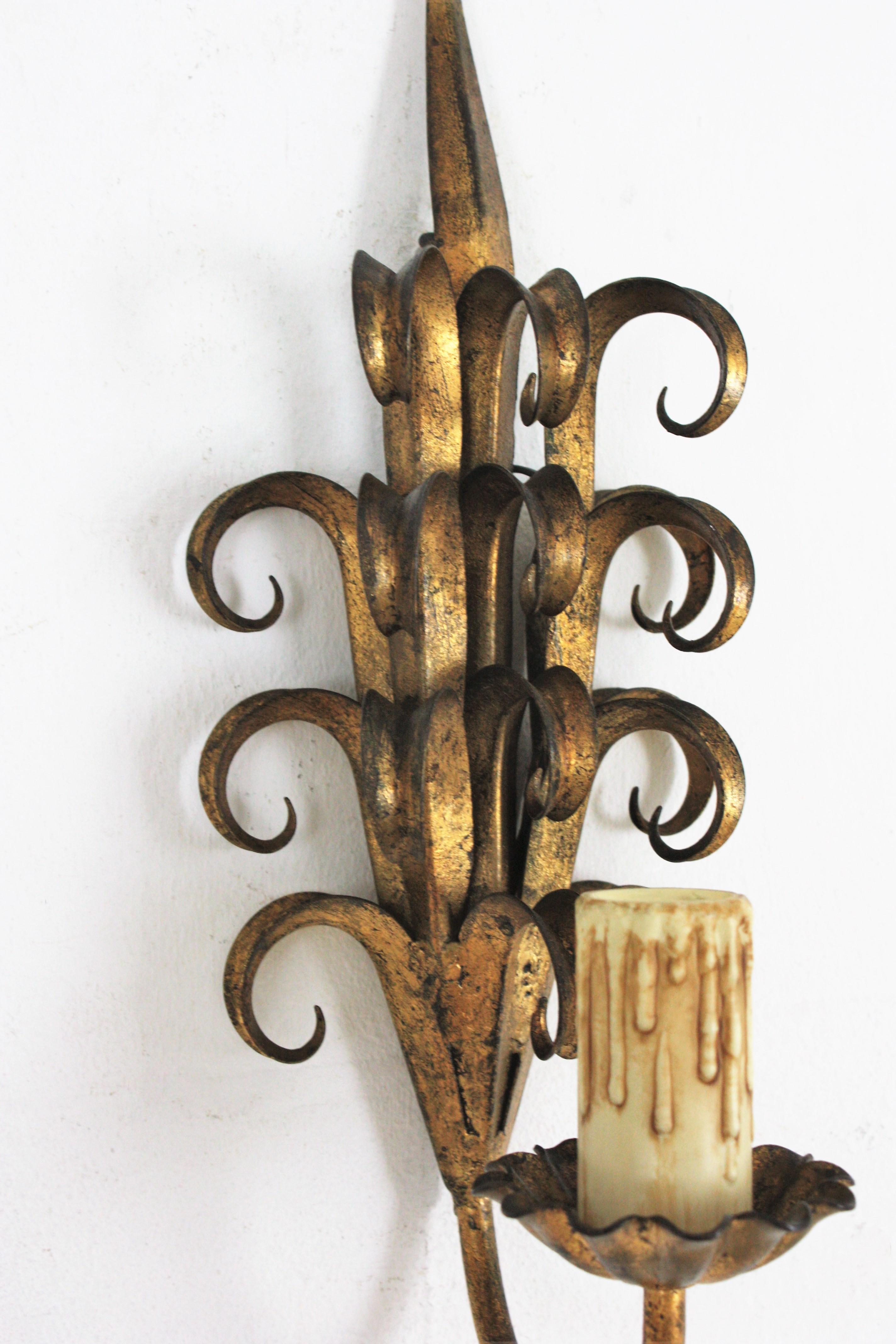 Hollywood Regency Pair of Hand Forged Gilt Iron Wall Sconces in Eyelash Scroll Design For Sale