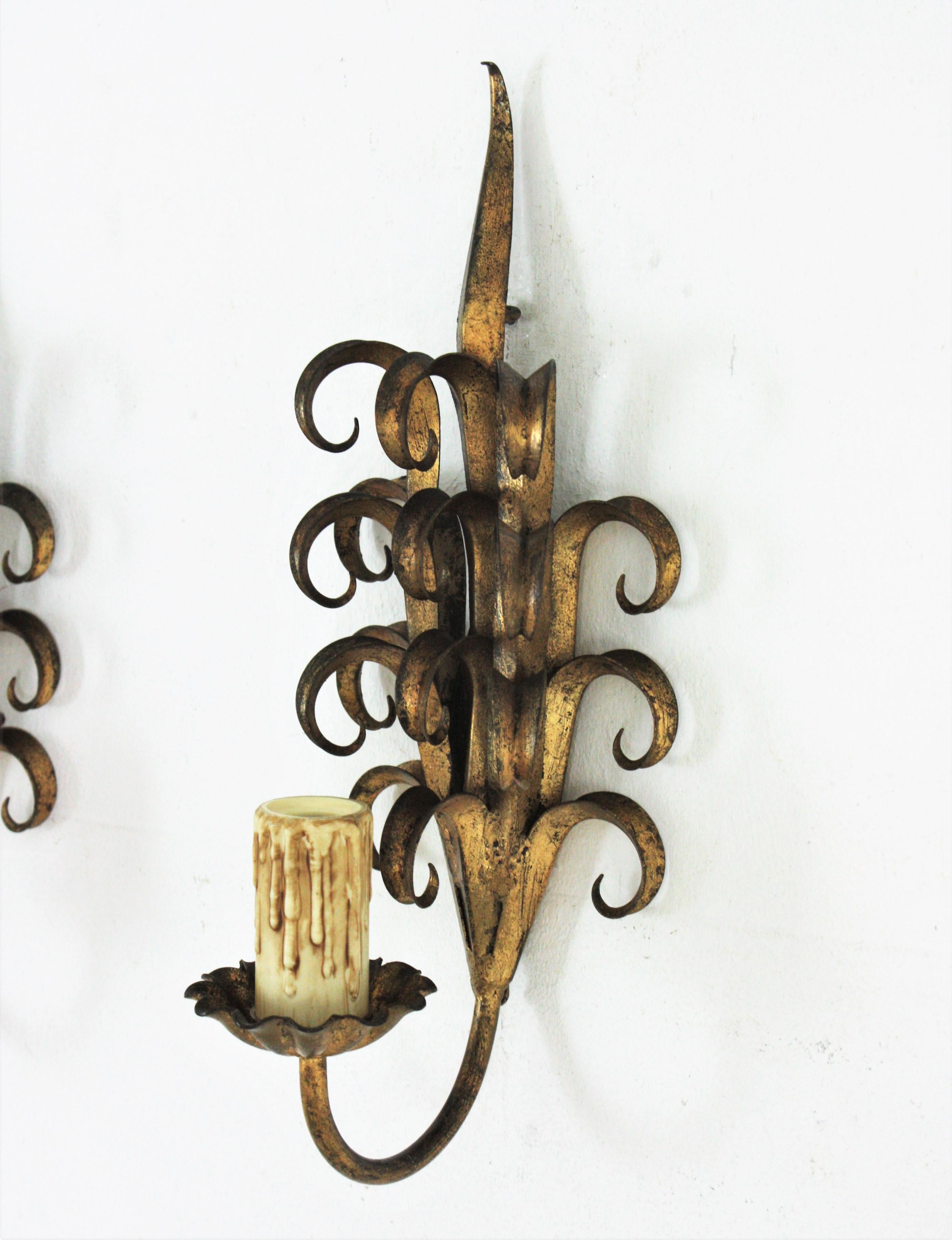 Metal Pair of Hand Forged Gilt Iron Wall Sconces in Eyelash Scroll Design For Sale