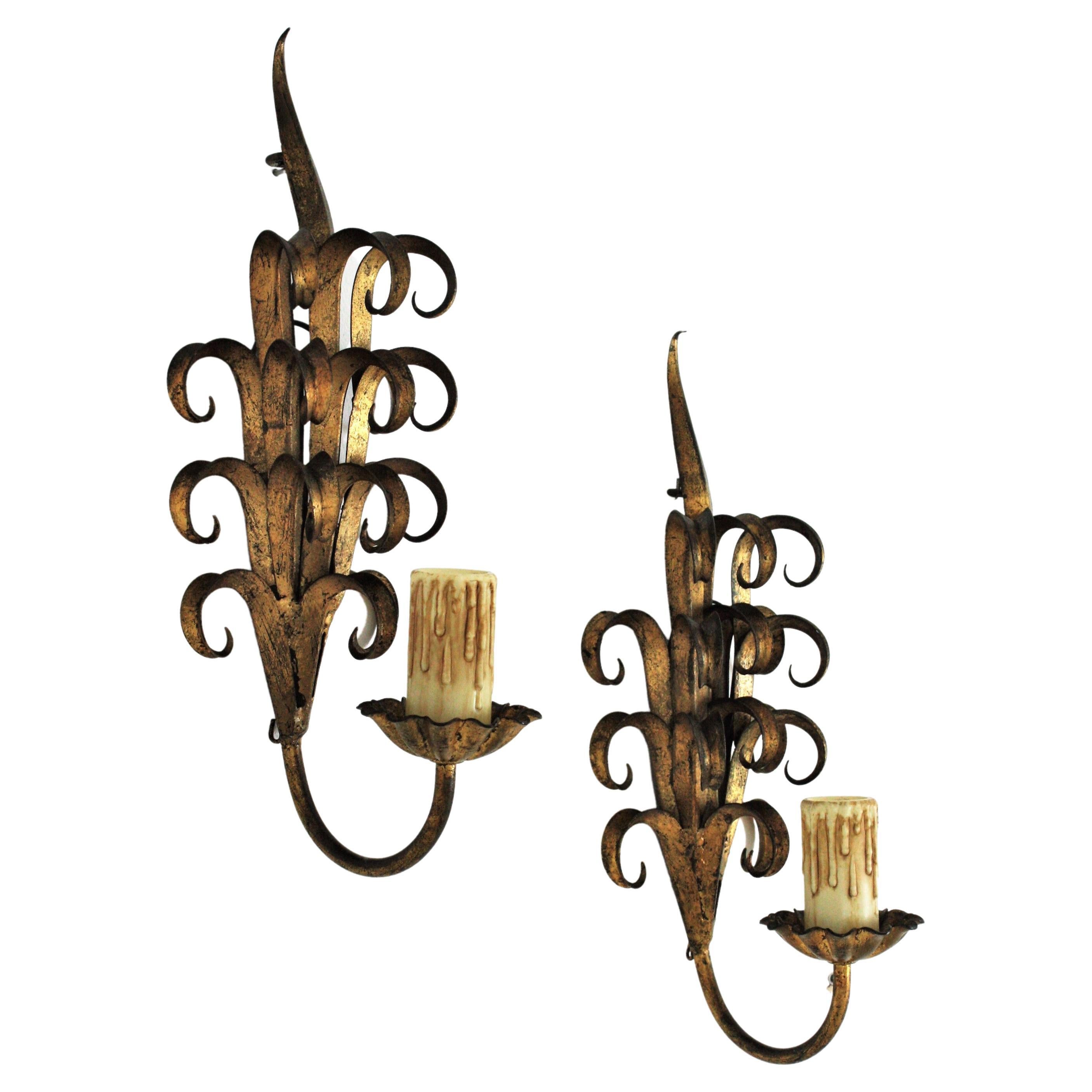 Pair of Hand Forged Gilt Iron Wall Sconces in Eyelash Scroll Design For Sale