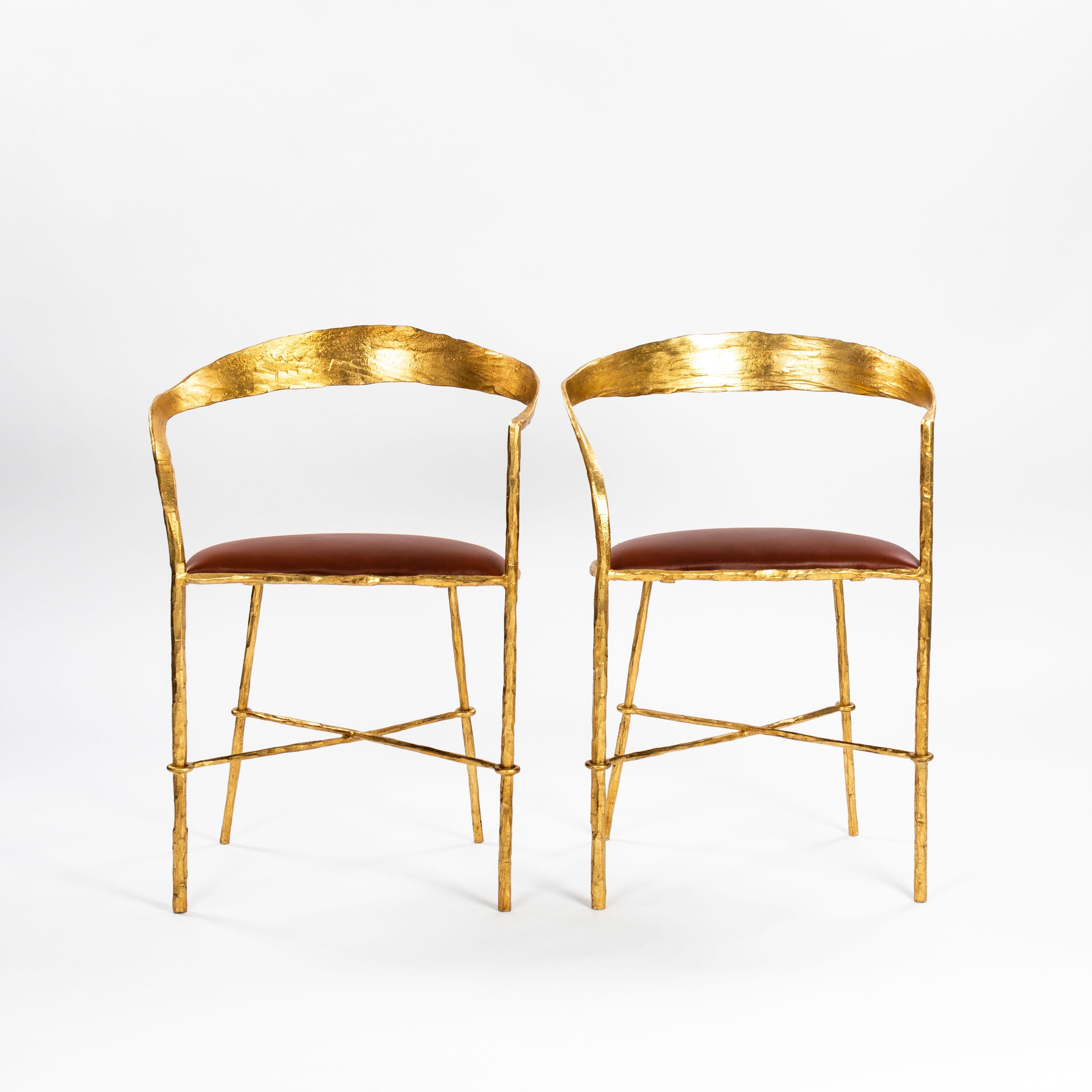 Mid-Century Modern Pair of Hand Forged Gold Plated Mid-Century Armchairs by Banci Florence 1970s For Sale
