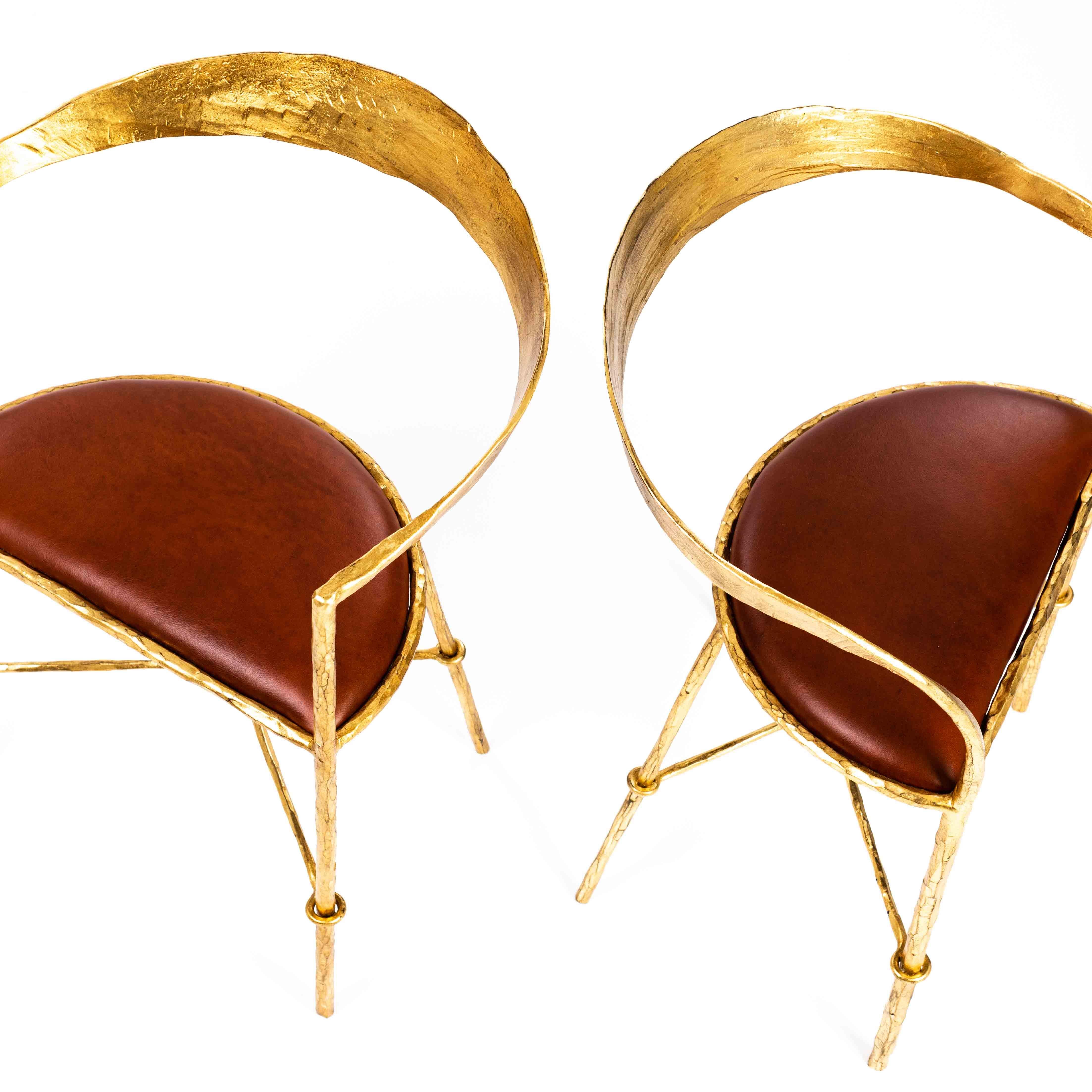 Italian Pair of Hand Forged Gold Plated Mid-Century Armchairs by Banci Florence 1970s For Sale