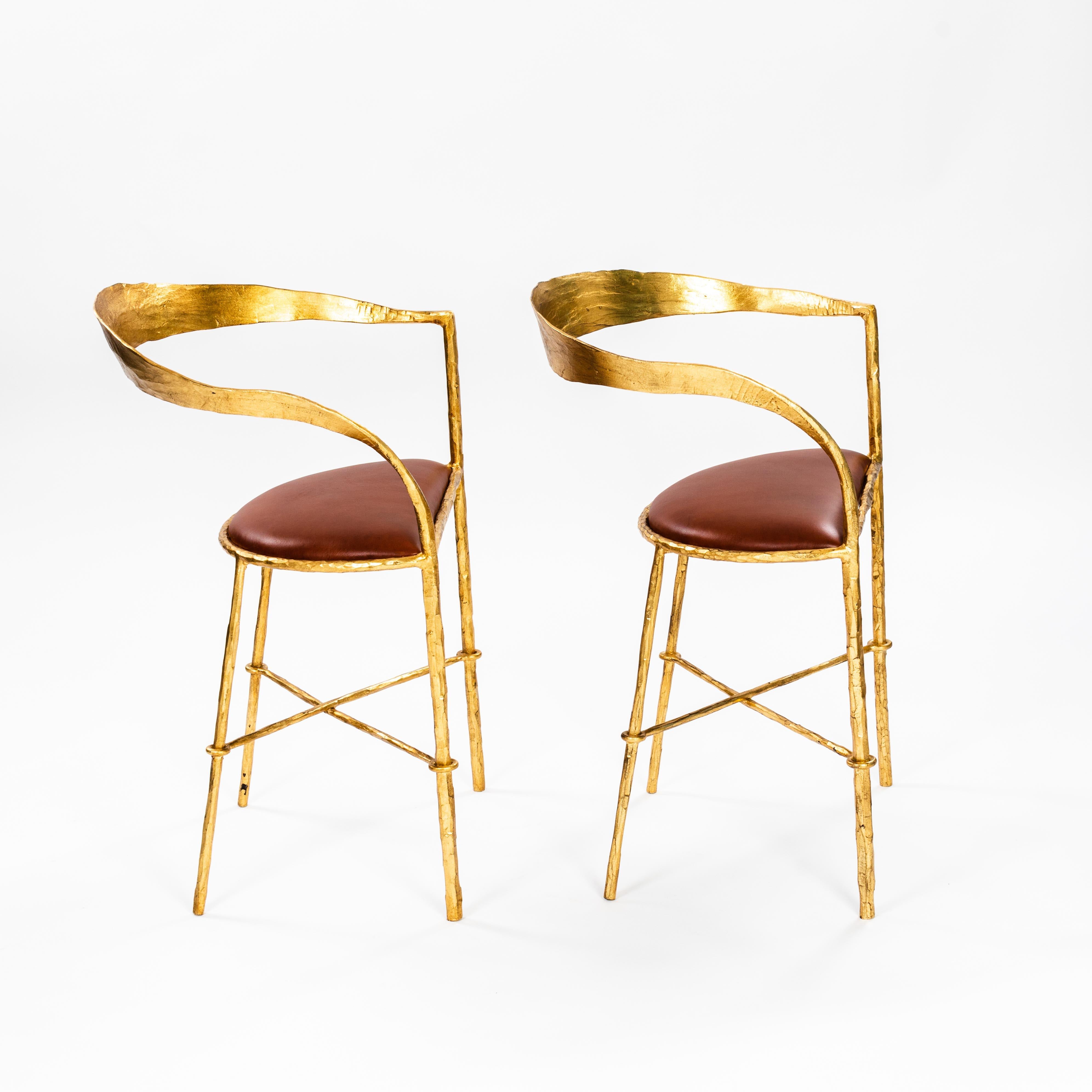 Late 20th Century Pair of Hand Forged Gold Plated Mid-Century Armchairs by Banci Florence 1970s For Sale