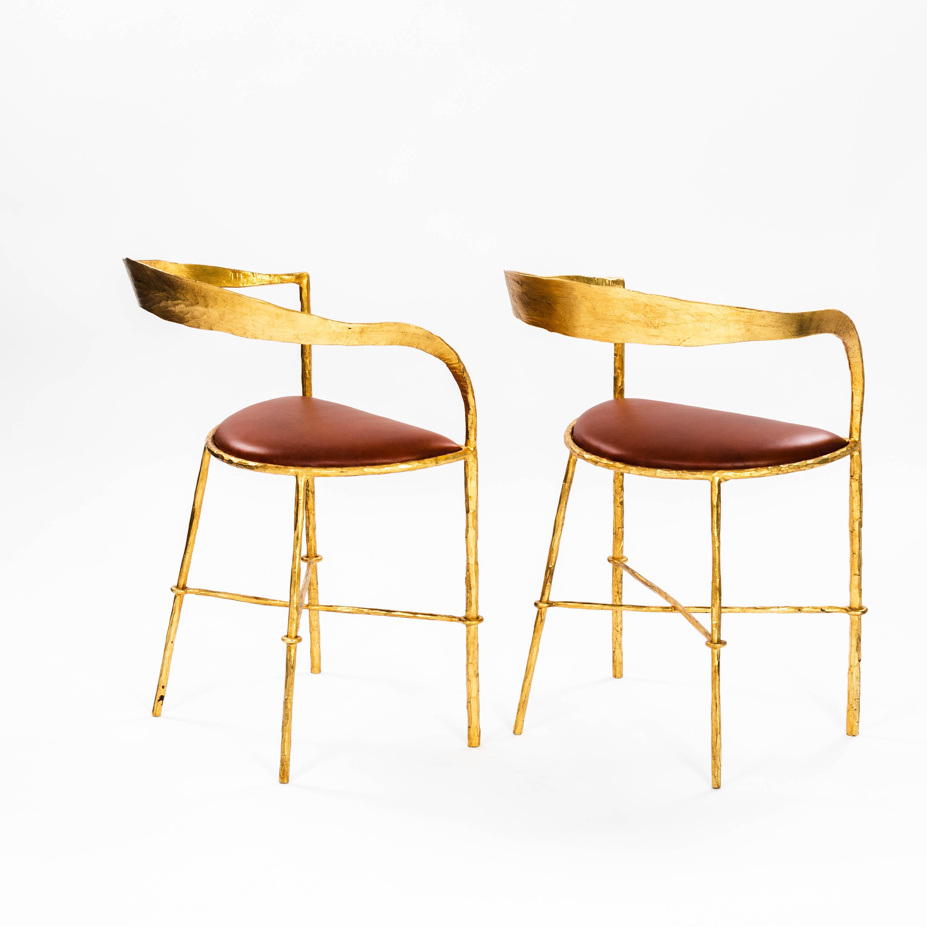 Pair of Hand Forged Gold Plated Mid-Century Armchairs by Banci Florence 1970s For Sale 1