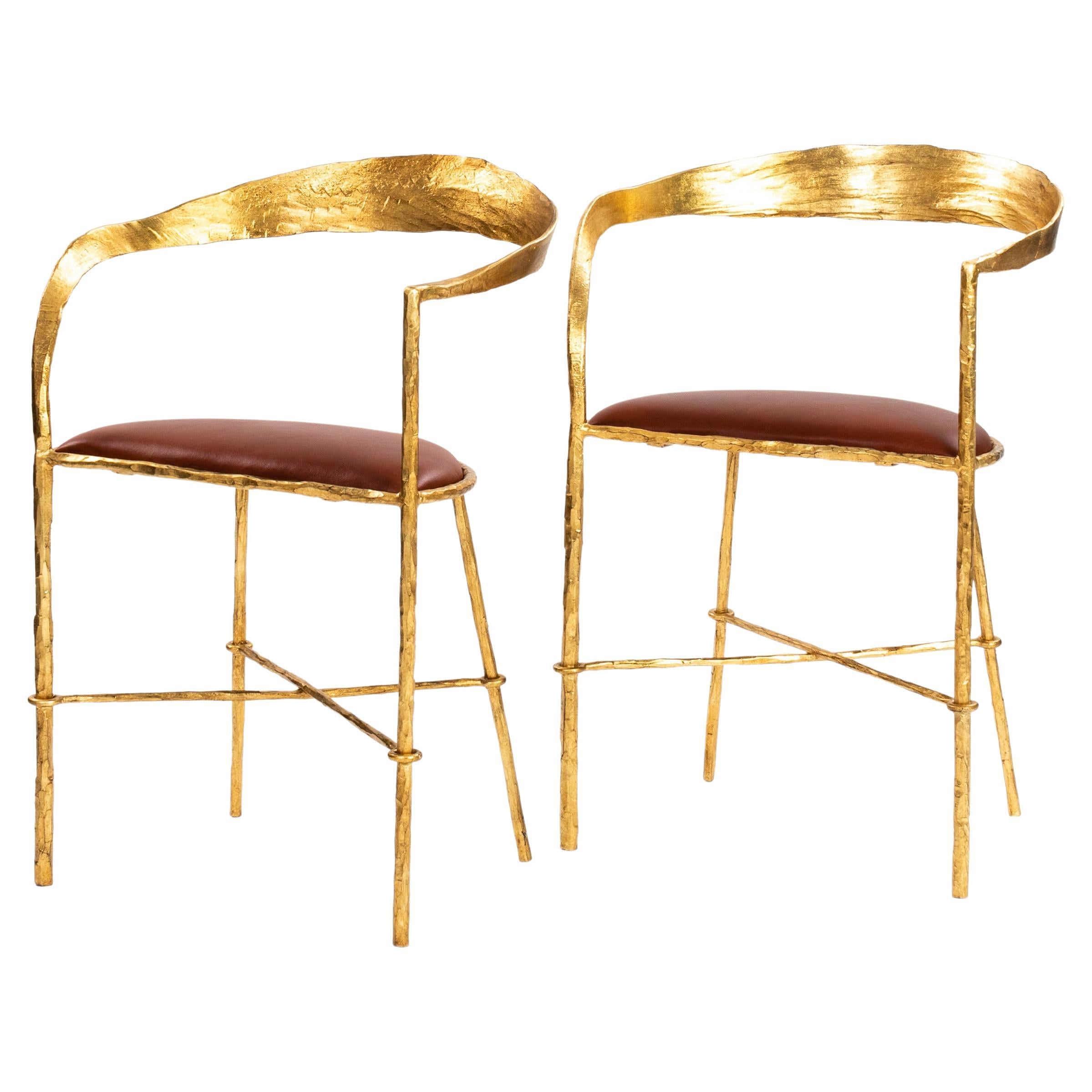 Pair of Hand Forged Gold Plated Mid-Century Armchairs by Banci Florence 1970s For Sale