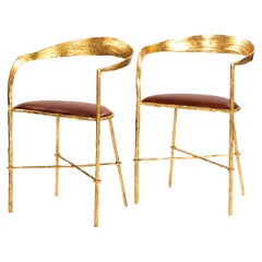 Vintage Pair of Hand Forged Gold Plated Mid-Century Armchairs by Banci Florence 1970s
