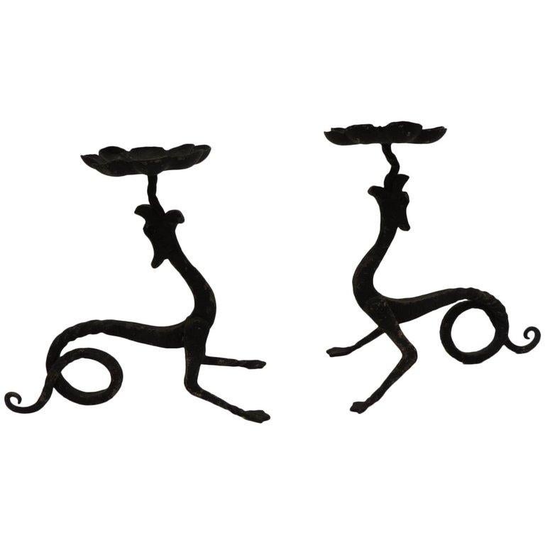 English Pair of Hand-Forged Griffin Candleholders with Black Patina