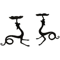 Pair of Hand-Forged Griffin Candleholders with Black Patina