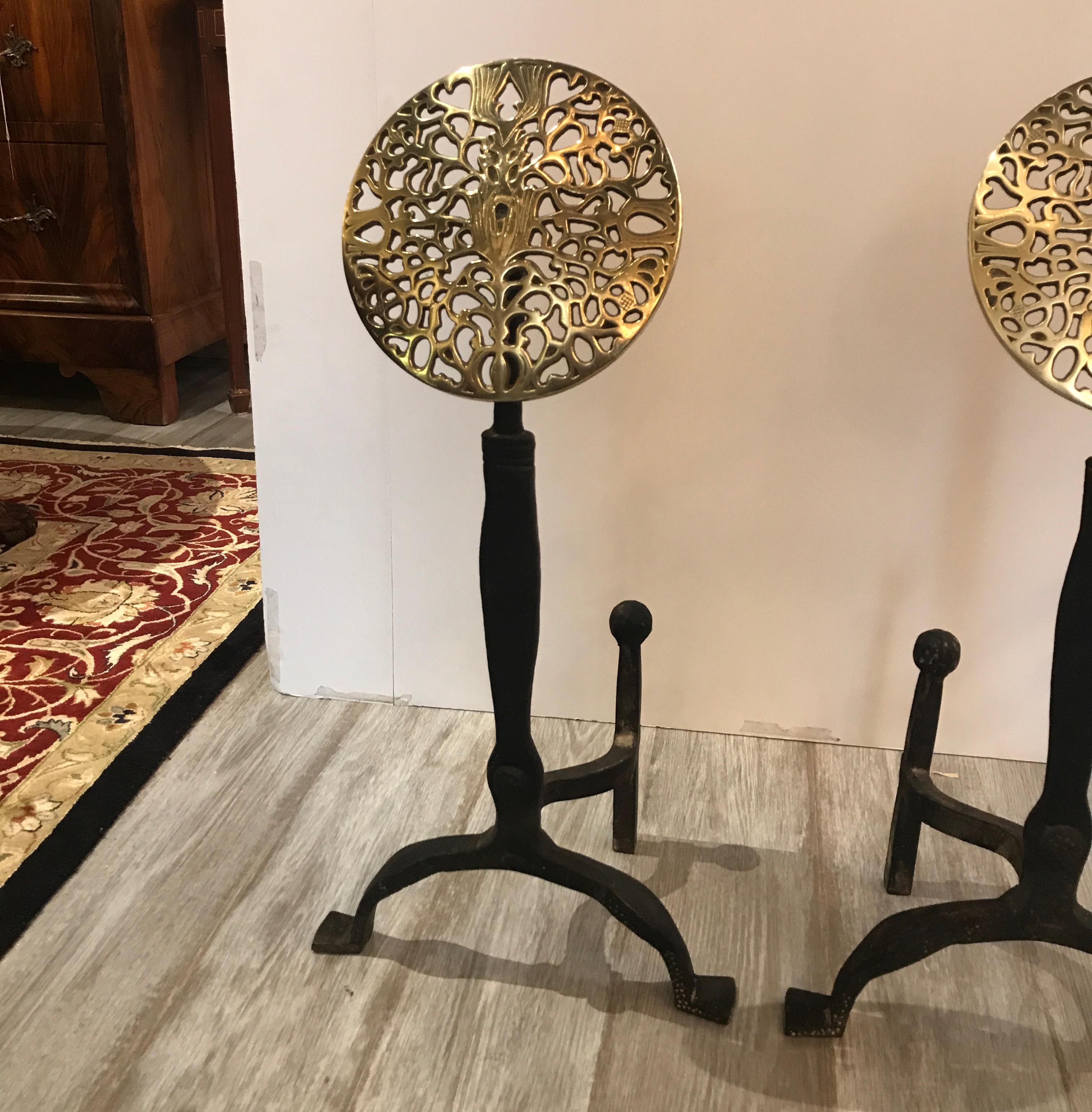 Arts and Crafts Pair of Hand-Forged Iron and Brass Andirons