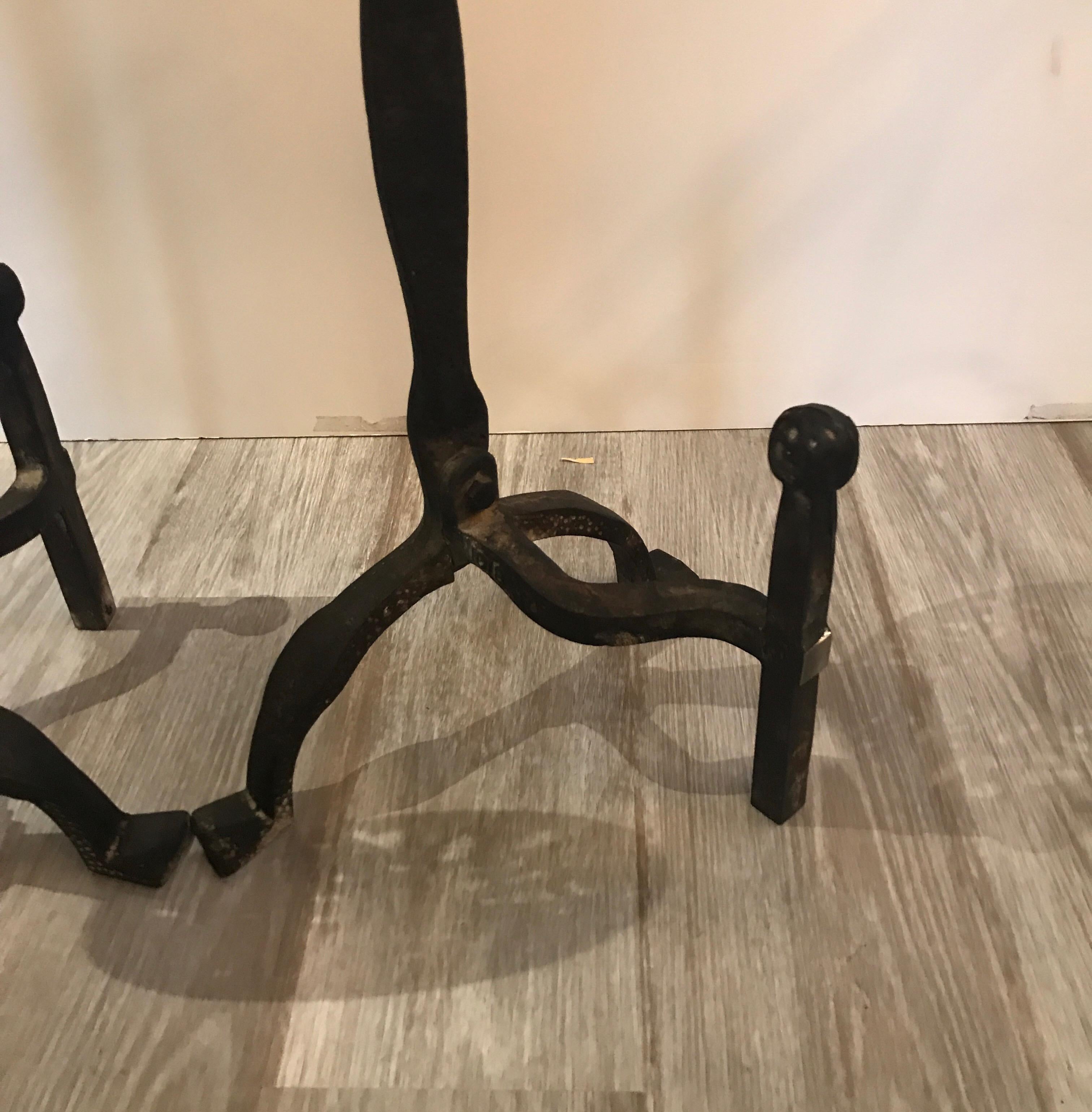 Pair of Hand-Forged Iron and Brass Andirons 3