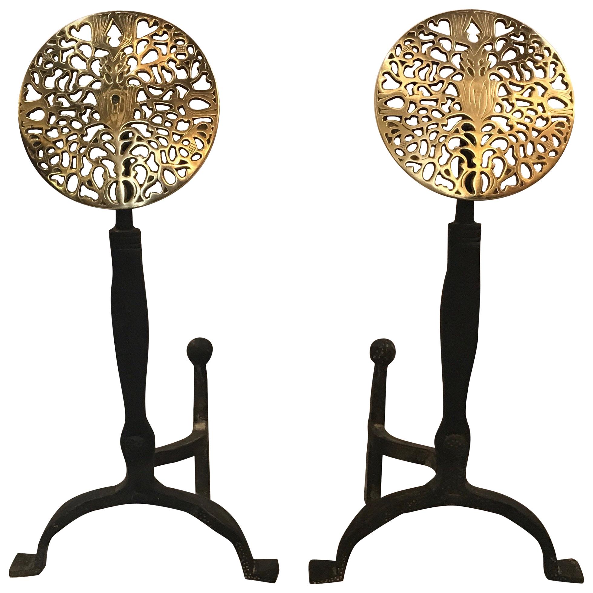 Pair of Hand-Forged Iron and Brass Andirons