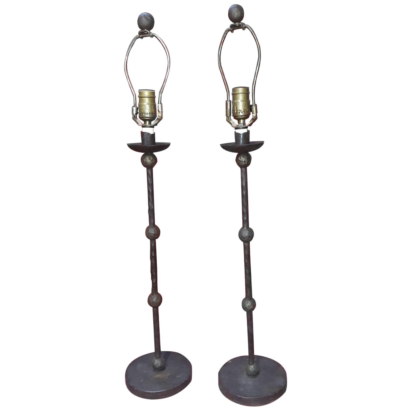 Pair of Hand Forged Iron Giacometti Style Lamps