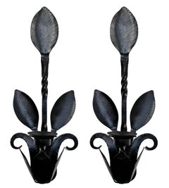 Pair of Hand Forged Iron Metal & Glass Wall Sconces Light Fixtures Floral Design