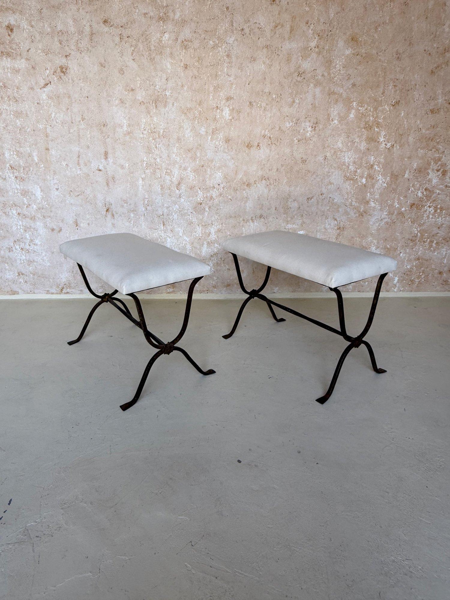 Pair of Hand Forged Spanish Gilt Iron Benches with Twisted Stretchers For Sale 11
