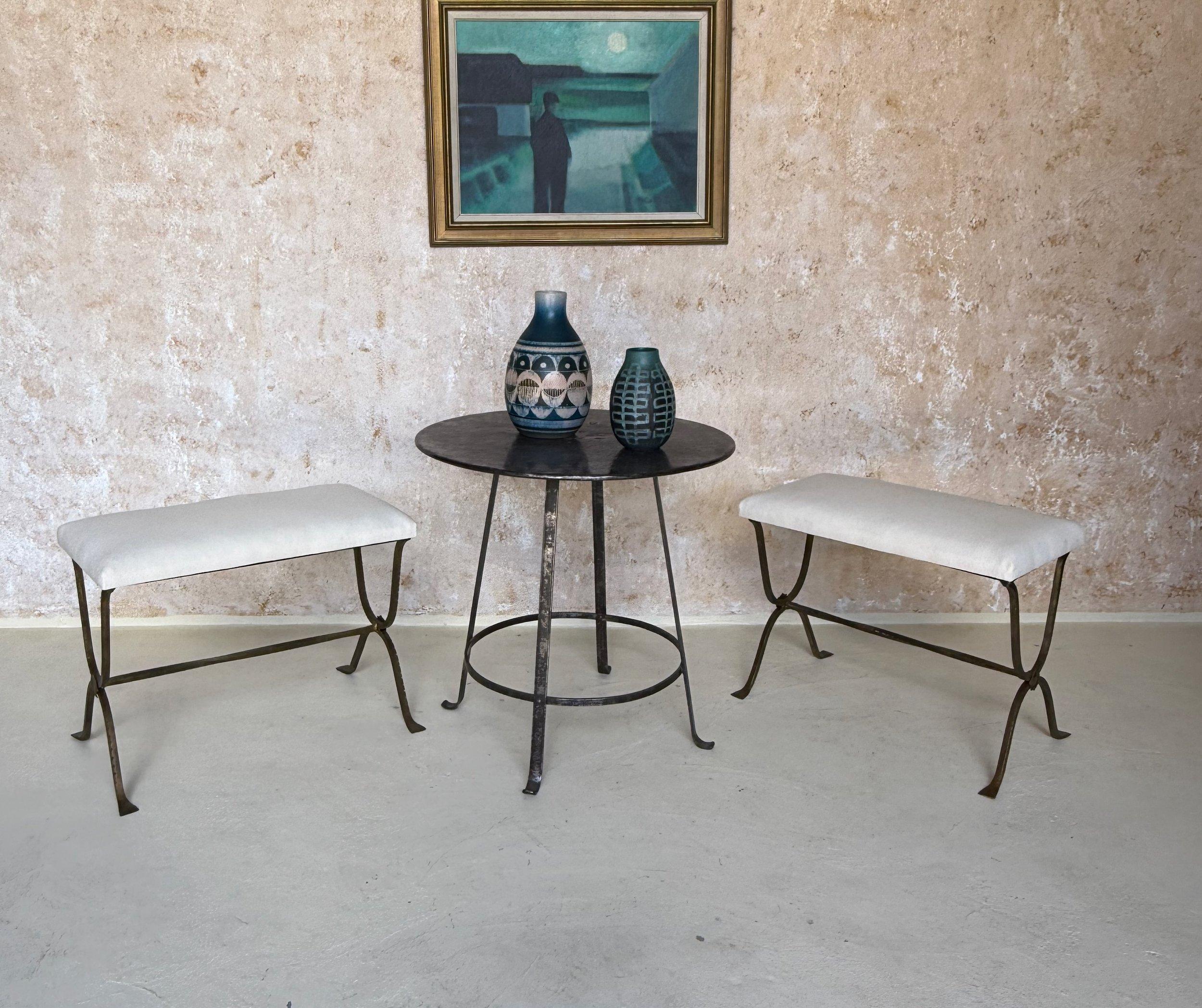 Mid-Century Modern Pair of Hand Forged Spanish Gilt Iron Benches with Twisted Stretchers For Sale