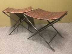 Pair of Hand Forged Wrought Iron and Woven Leather Folding Stools / Benches
