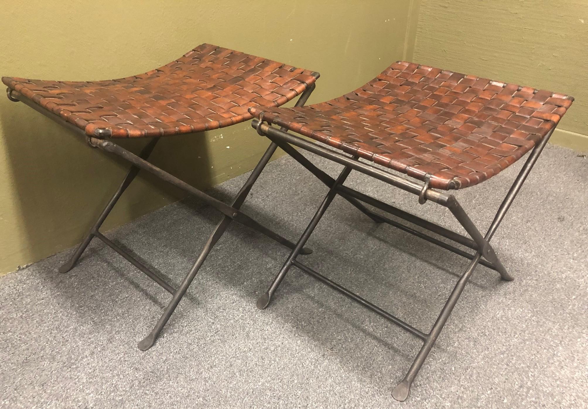 American Pair of Hand Forged Wrought Iron and Woven Leather Folding Stools / Benches