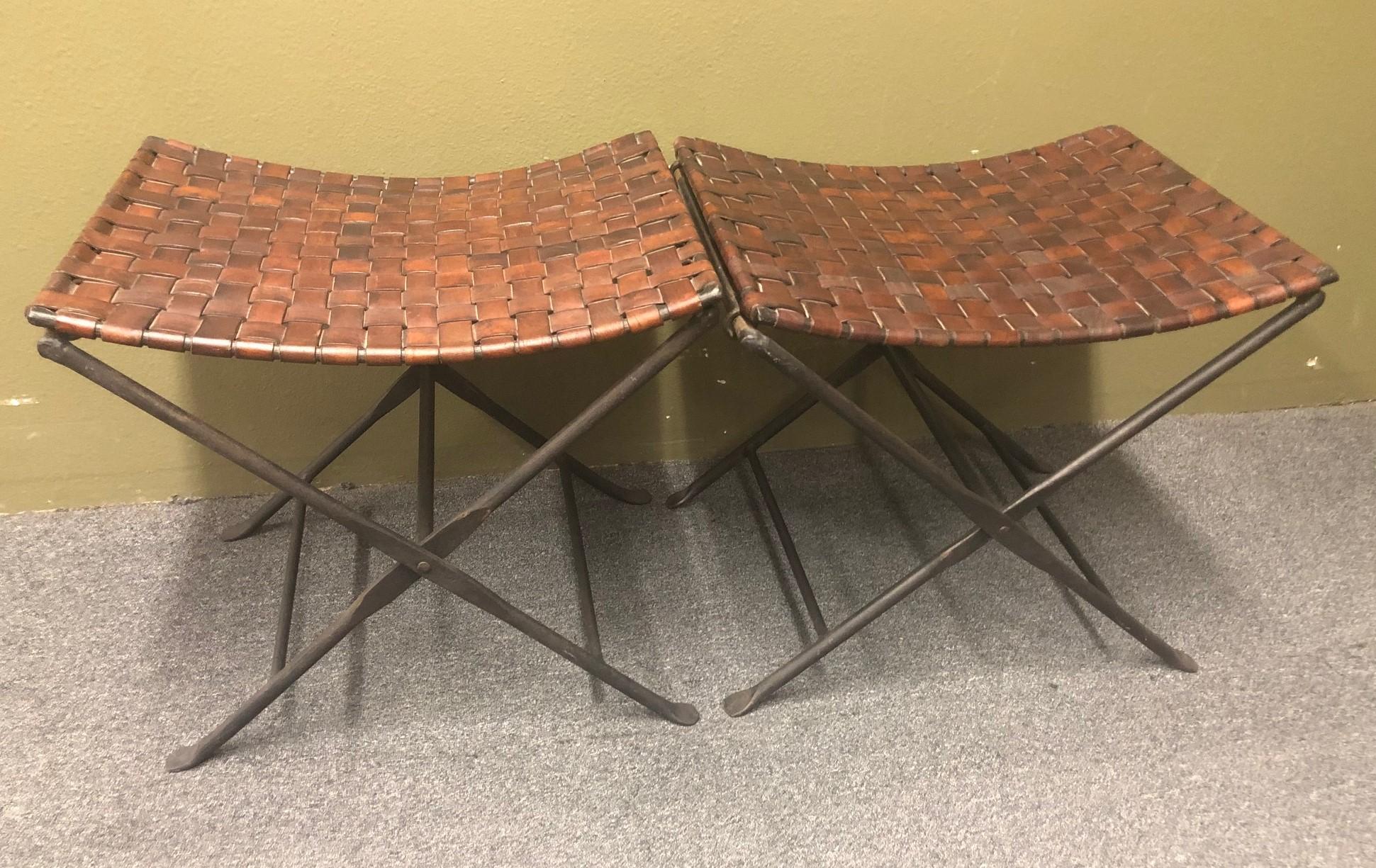 Hammered Pair of Hand Forged Wrought Iron and Woven Leather Folding Stools / Benches