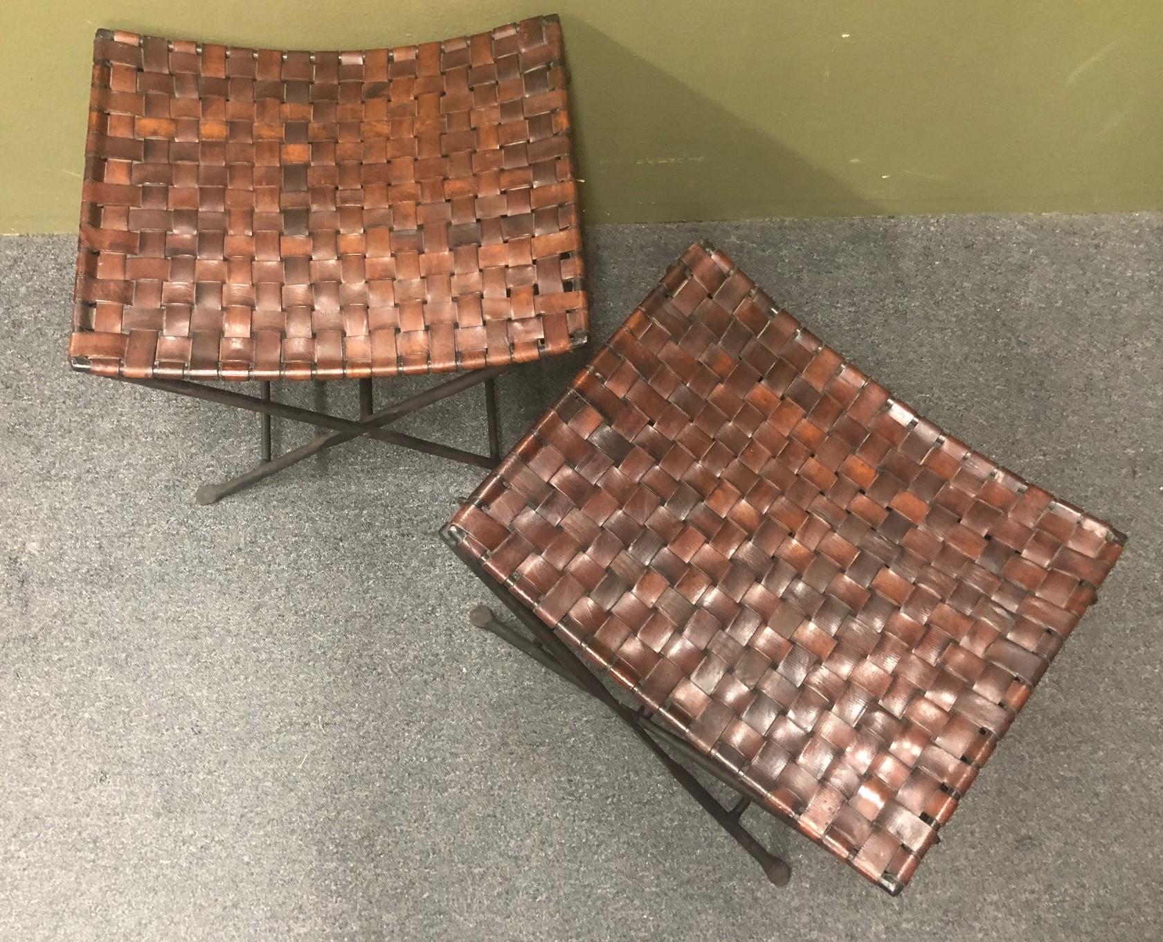 Pair of Hand Forged Wrought Iron and Woven Leather Folding Stools / Benches In Good Condition In San Diego, CA