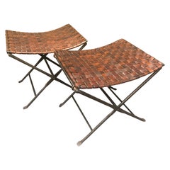 Pair of Hand Forged Wrought Iron and Woven Leather Folding Stools / Benches