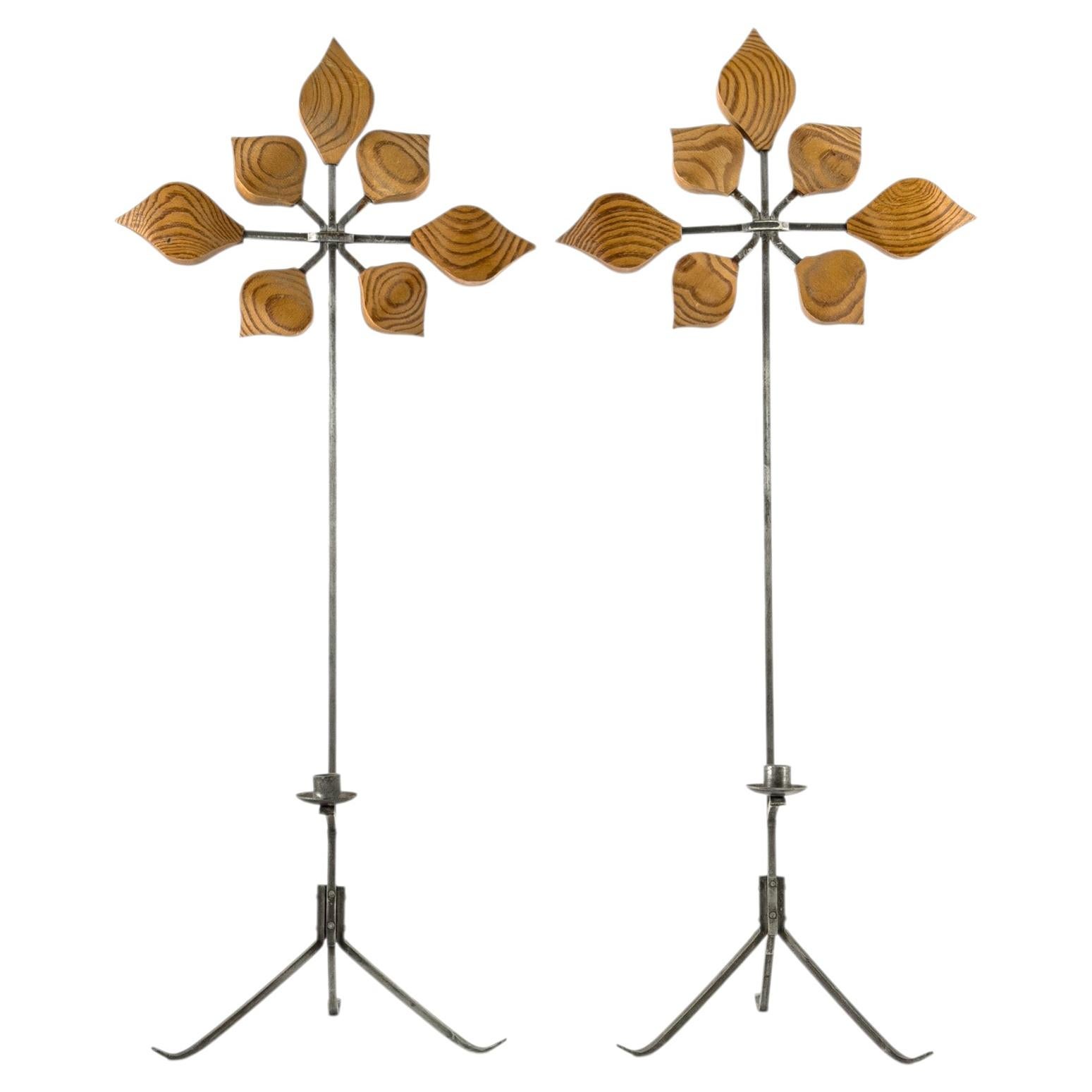 Pair of Hand-Forged Wrought Iron Floor Candleholders with Leaf Motif, Sweden