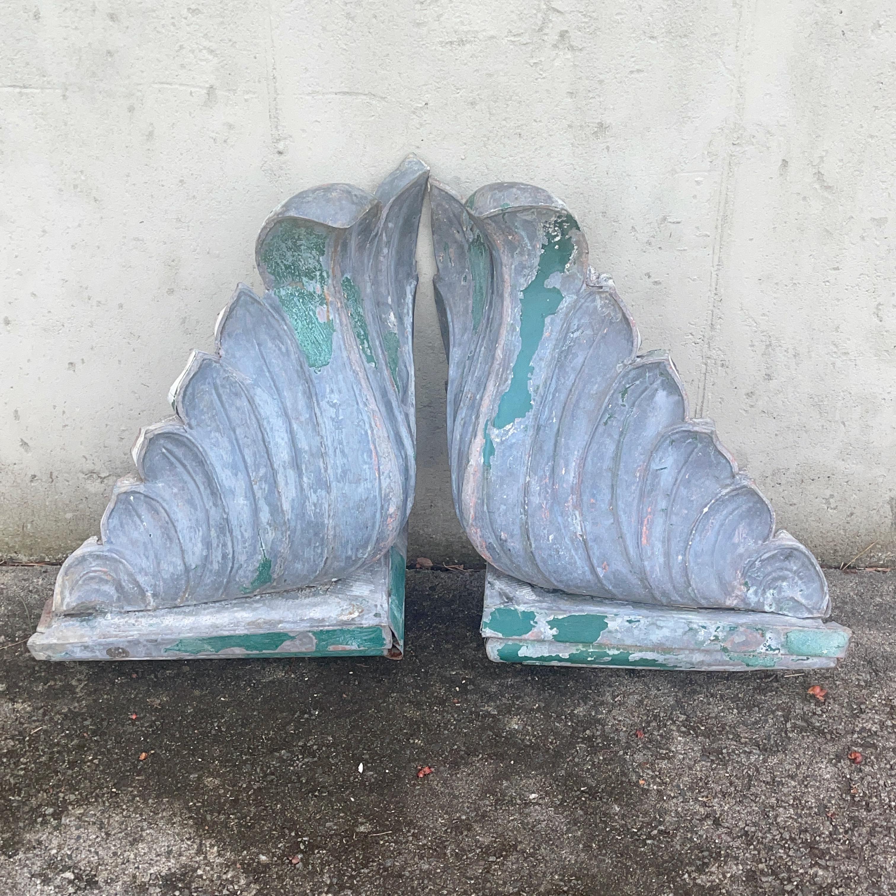 Pair of Hand Formed Sheet Metal Architectural Finials In Distressed Condition For Sale In Hanover, MA