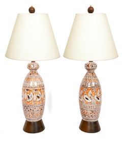 Retro Pair of Hand Glazed Hen & Rooster Table Lamps
