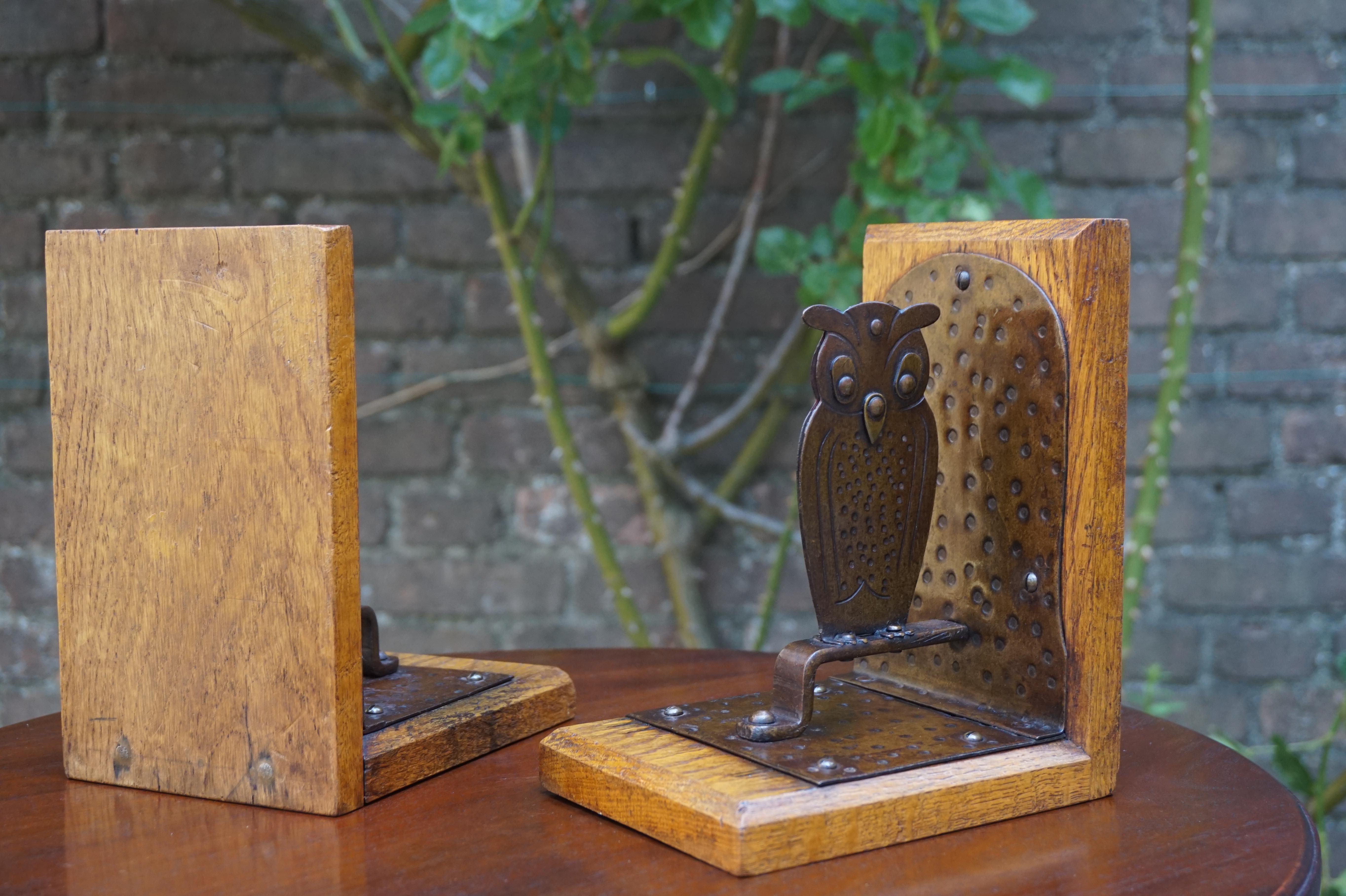 Pair of Hand Hammered Arts & Crafts Metal Owl Bookends by Goberg, Hugo Berger 8